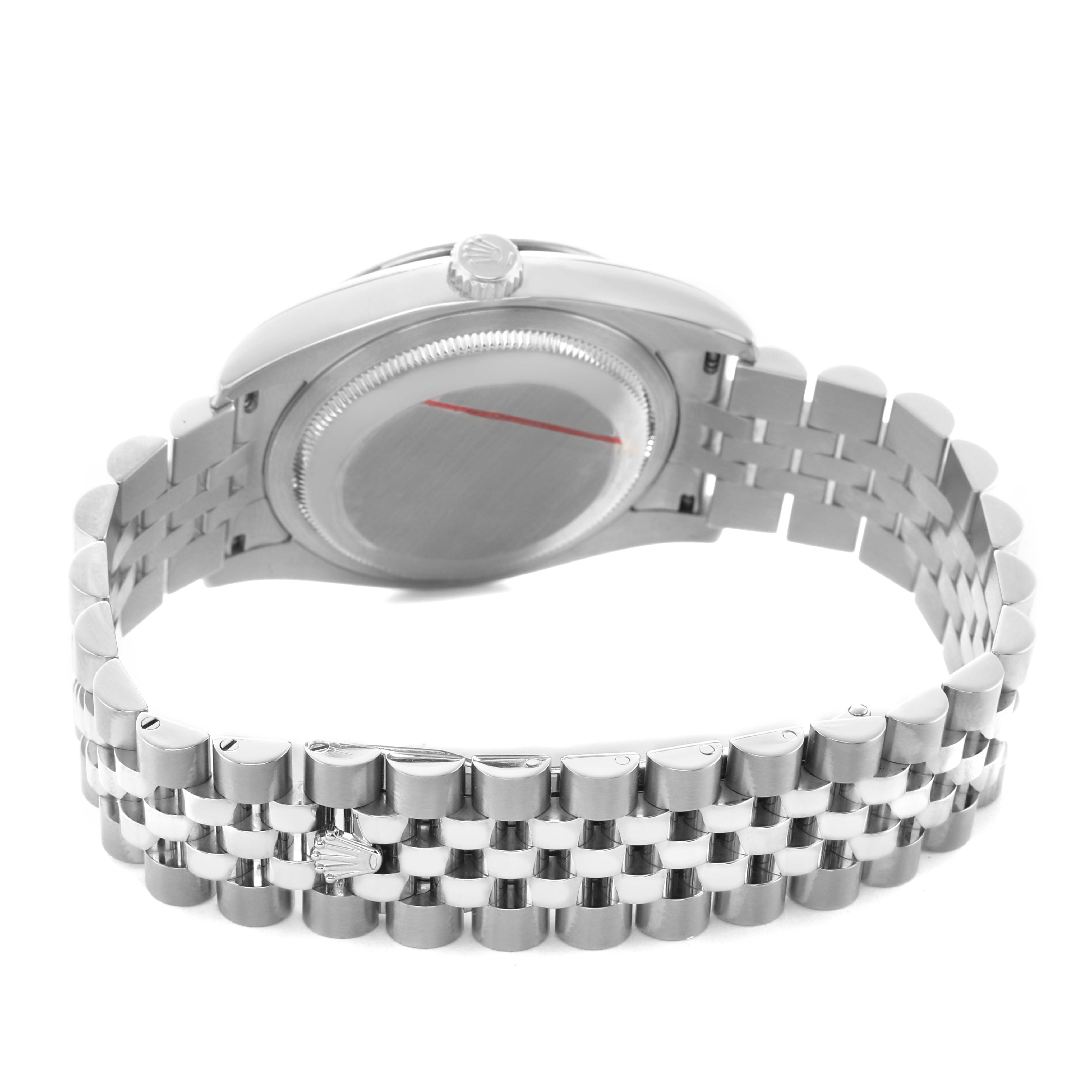 The image shows the back case and bracelet of a Rolex Turn-o-Graph 116264 Men's Stainless Steel Blue Dial watch from a slightly angled side view.