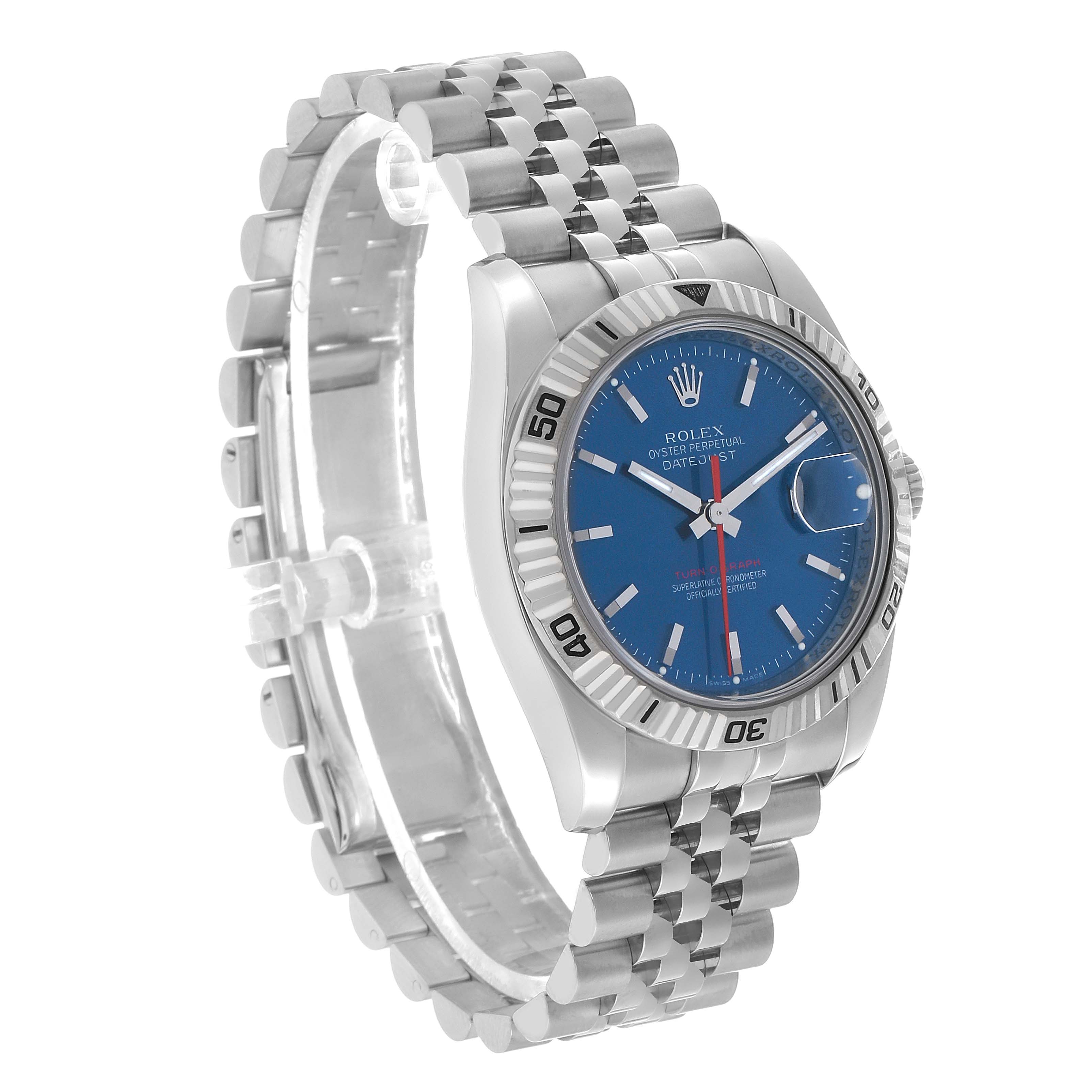The Rolex Turn-o-Graph 116264 Men's Stainless Steel Blue Dial watch is shown at an angled view displaying the face, bezel, and bracelet.