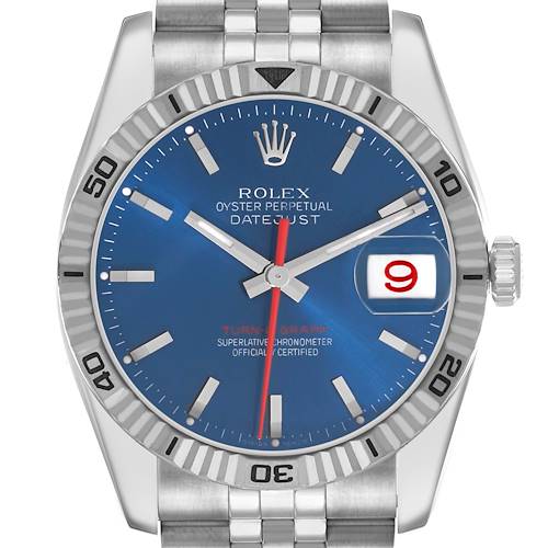 Photo of Rolex Datejust Turnograph Steel White Gold Blue Dial Mens Watch 116264 Box Card