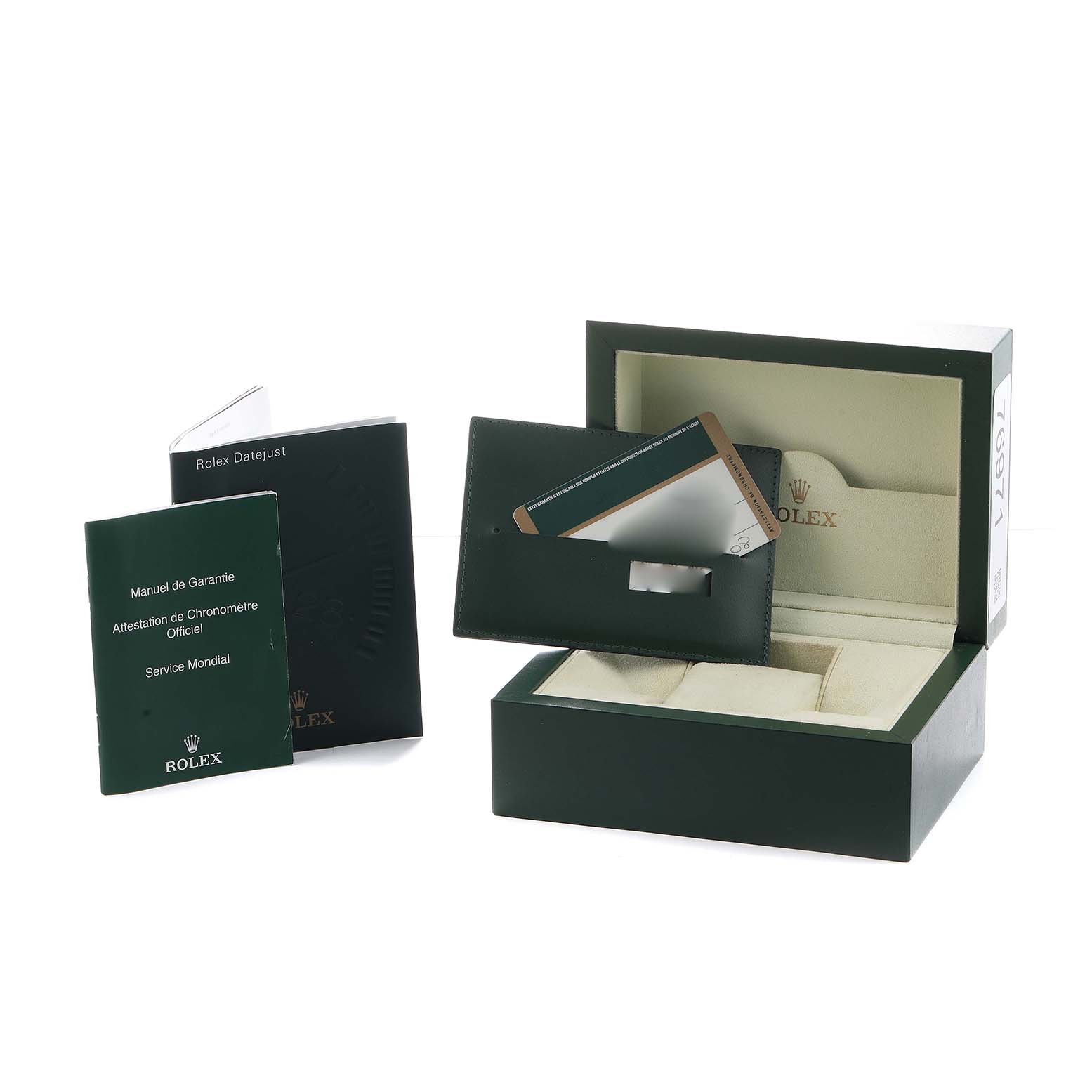 The image shows accessories for the Rolex Turn-o-Graph 116264 Men's Stainless Steel Blue Dial, including a green box, warranty booklet, and card holder.