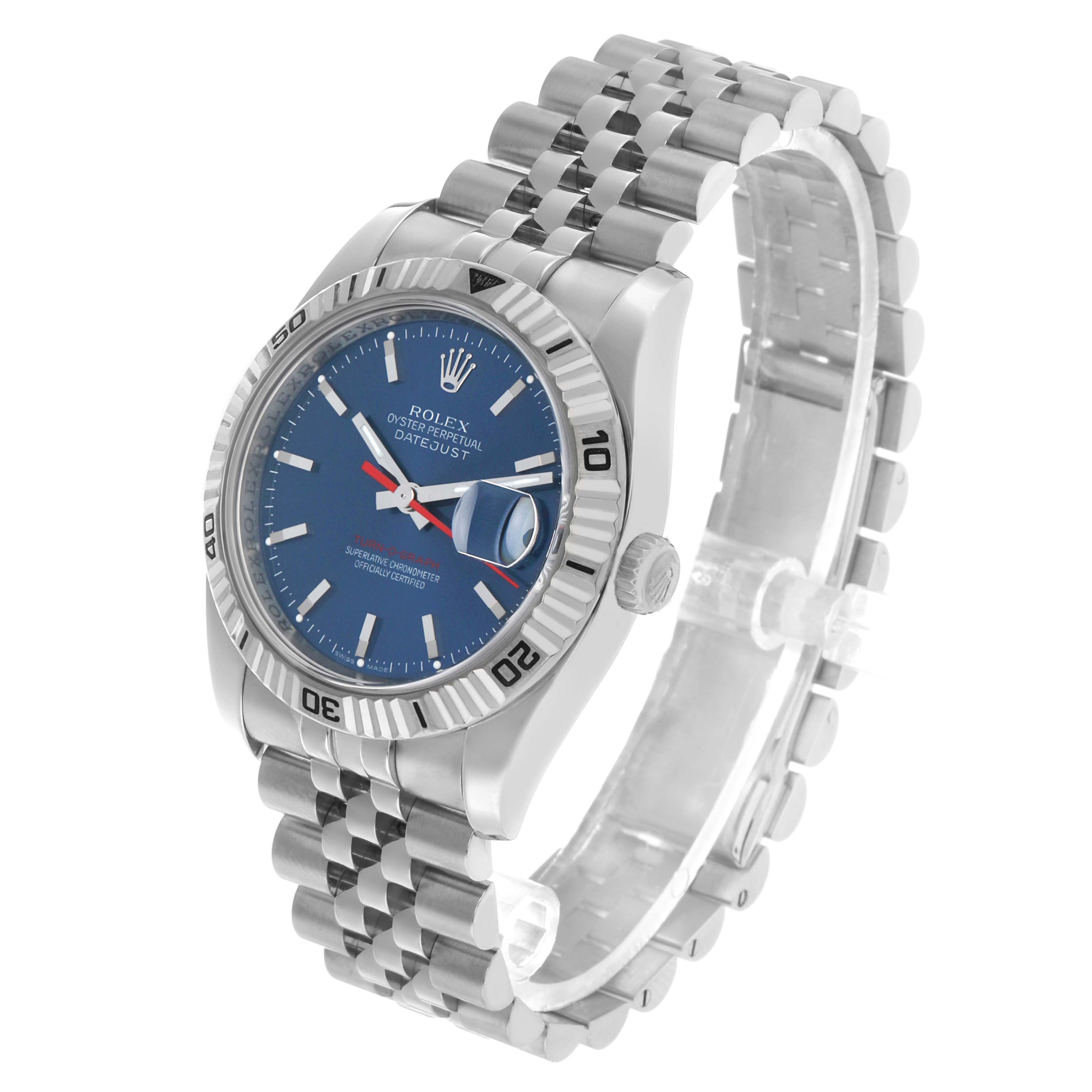The Rolex Turn-o-Graph 116264 Men's Stainless Steel Blue Dial watch is shown at a three-quarter angle, displaying its blue dial, bezel, crown, and bracelet.