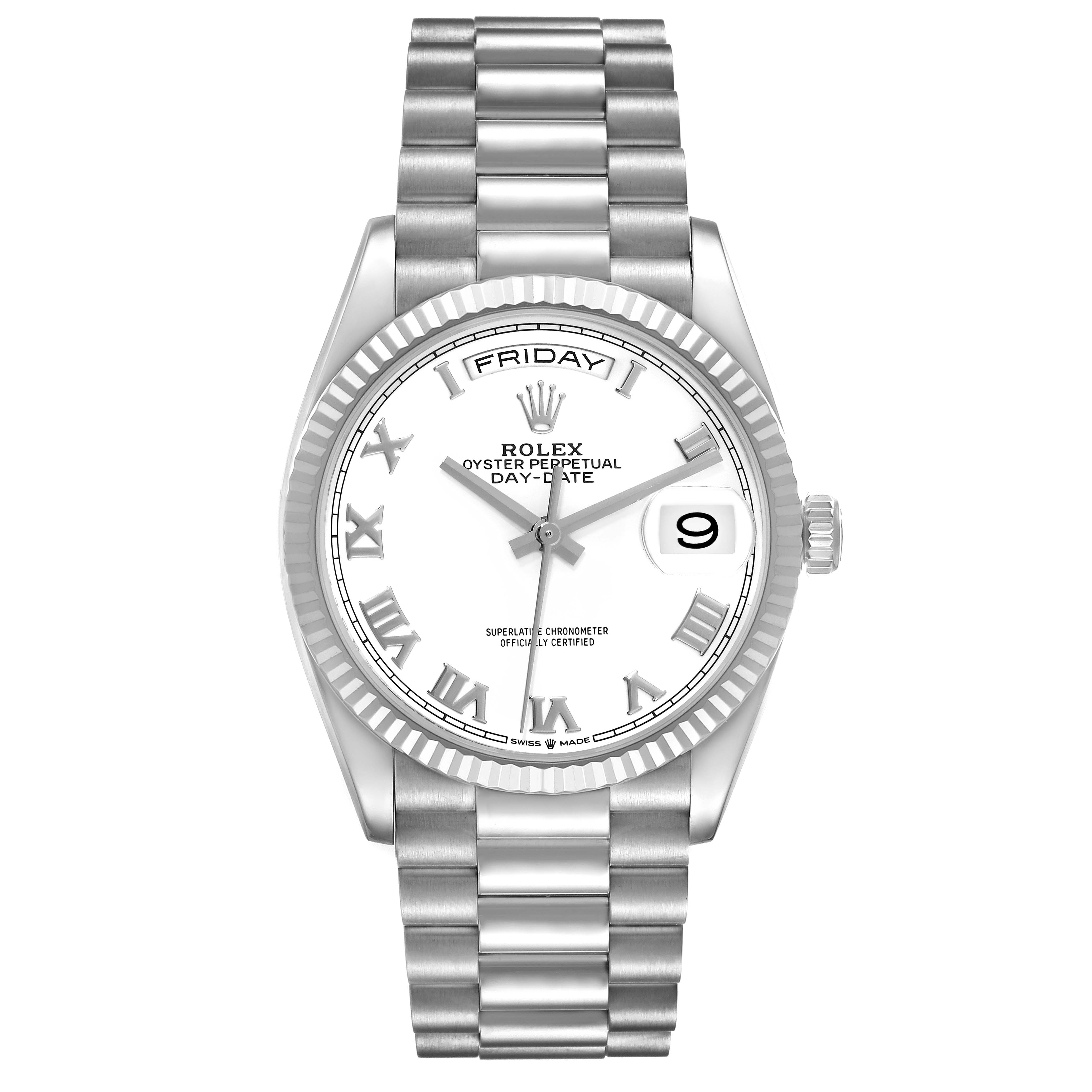 The Rolex President 128239 Men's White Gold White Dial model watch is shown from the front, displaying the dial, bracelet, bezel, crown, and indices.