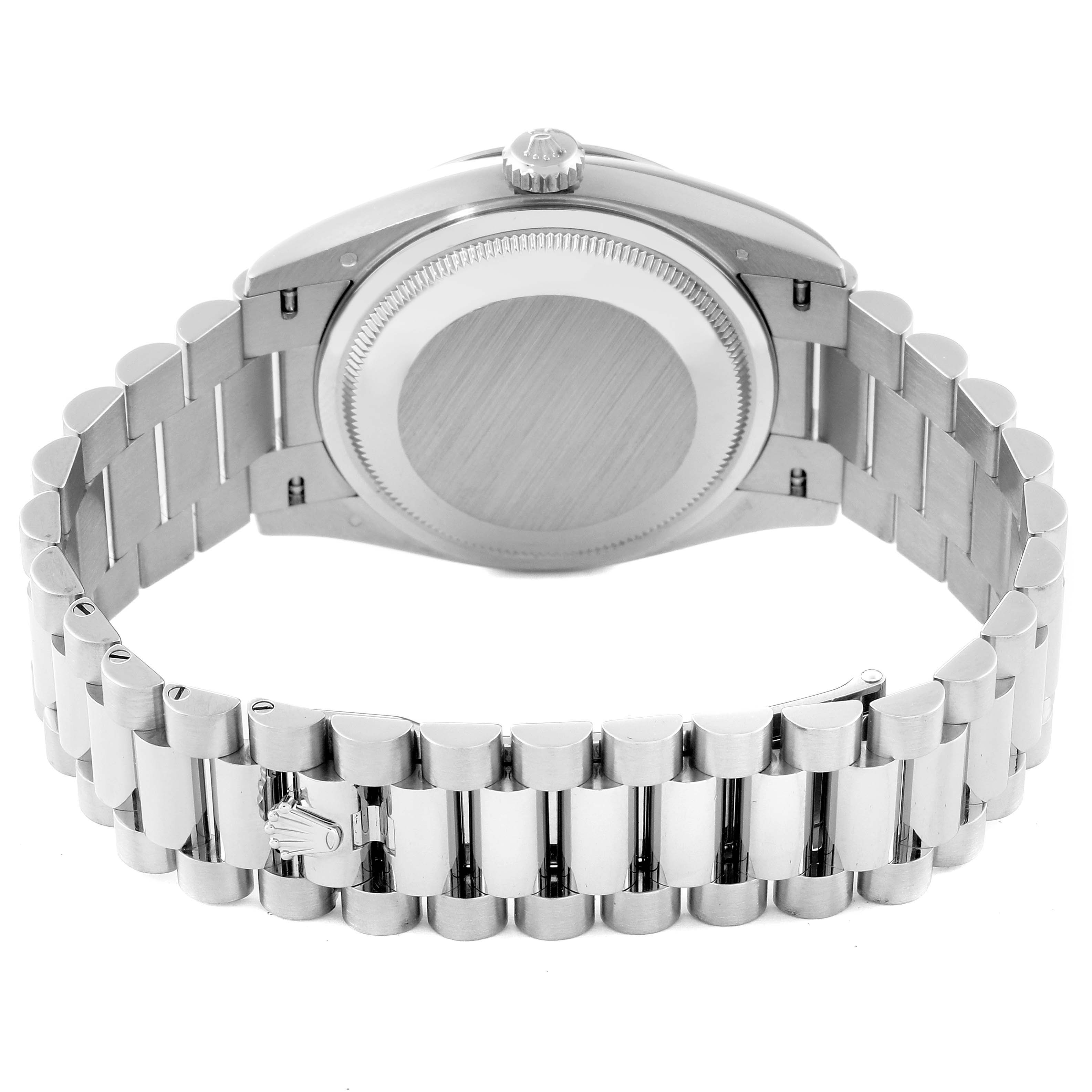 The image shows the back case and bracelet of a Rolex President 128239 Men's White Gold White Dial model, viewed from behind.