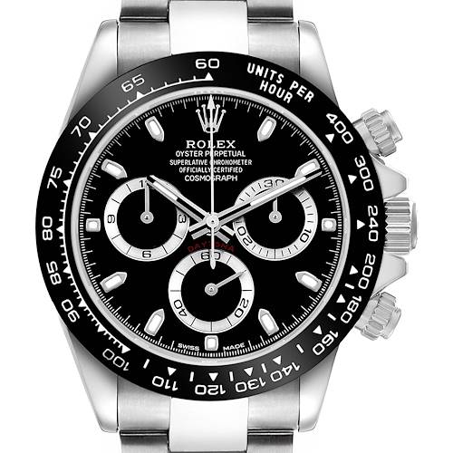 The Rolex Daytona 116500LN Men's Stainless Steel Black Dial watch is shown from a front angle, displaying the dial, bezel, and chronograph sub-dials.