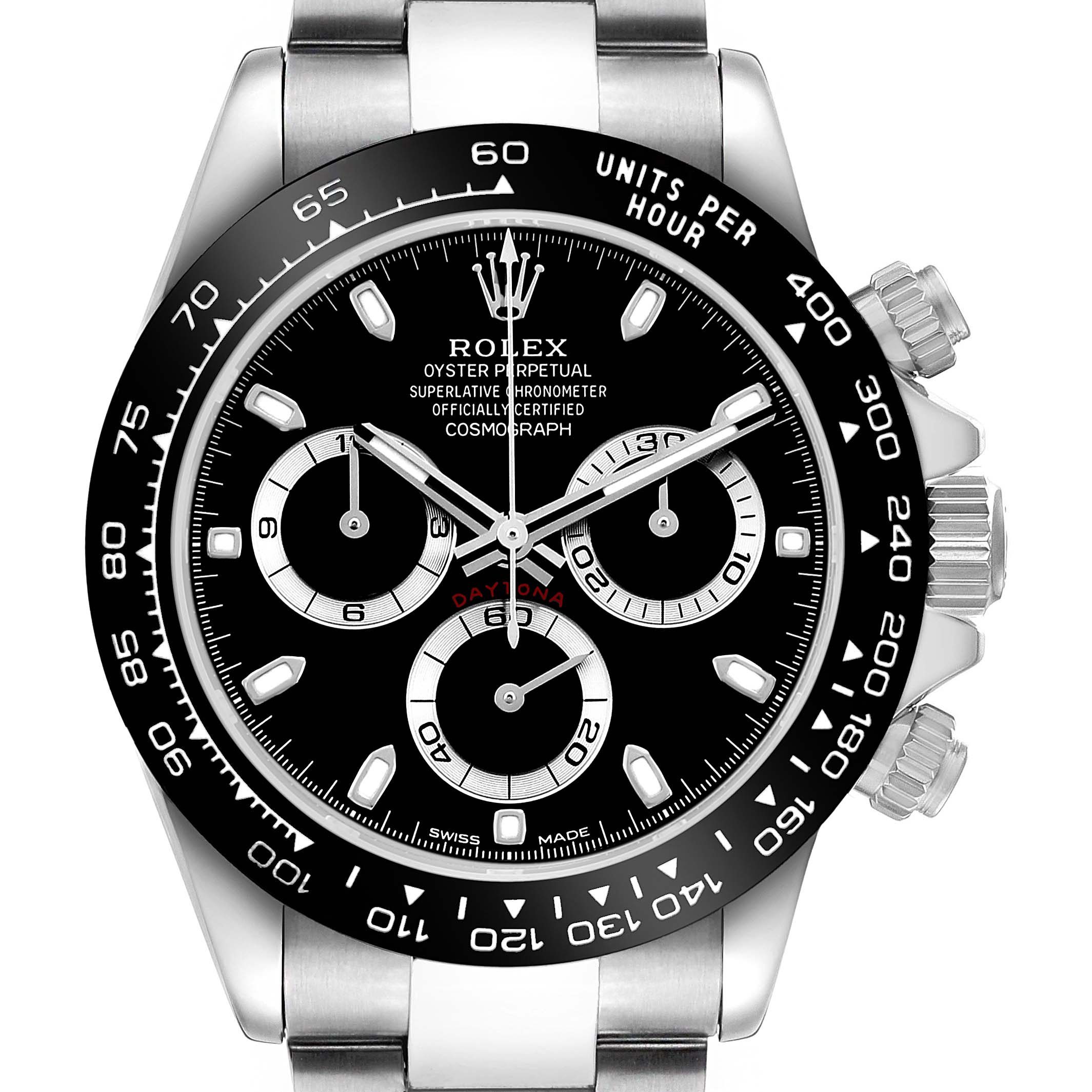 The Rolex Daytona 116500LN Men's Stainless Steel Black Dial watch is shown from the front, displaying the full dial, bezel, and part of the bracelet.
