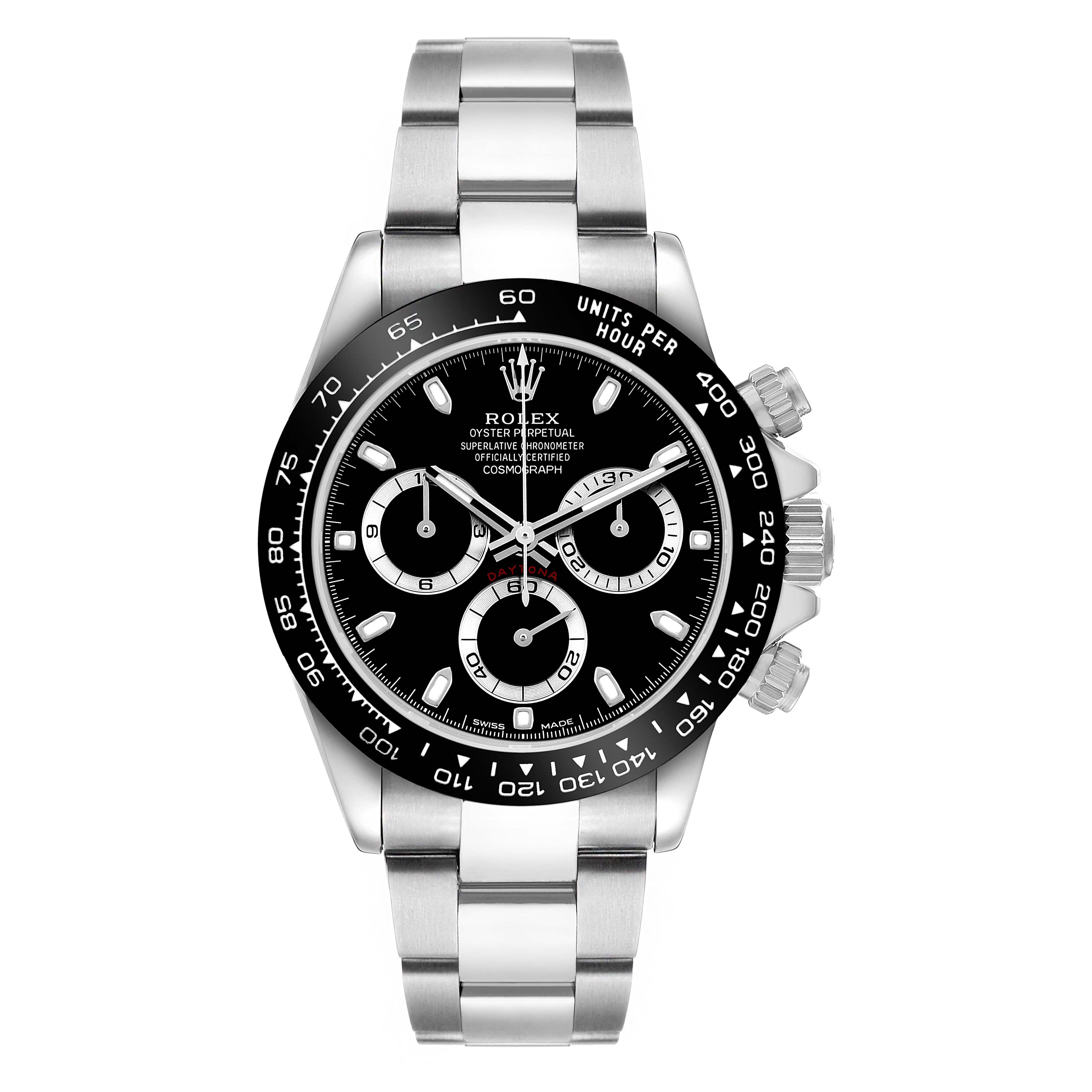 The Rolex Daytona 116500LN Men's Stainless Steel Black Dial watch is shown from a front angle, featuring its bezel, dial, subdials, bracelet, and pushers.