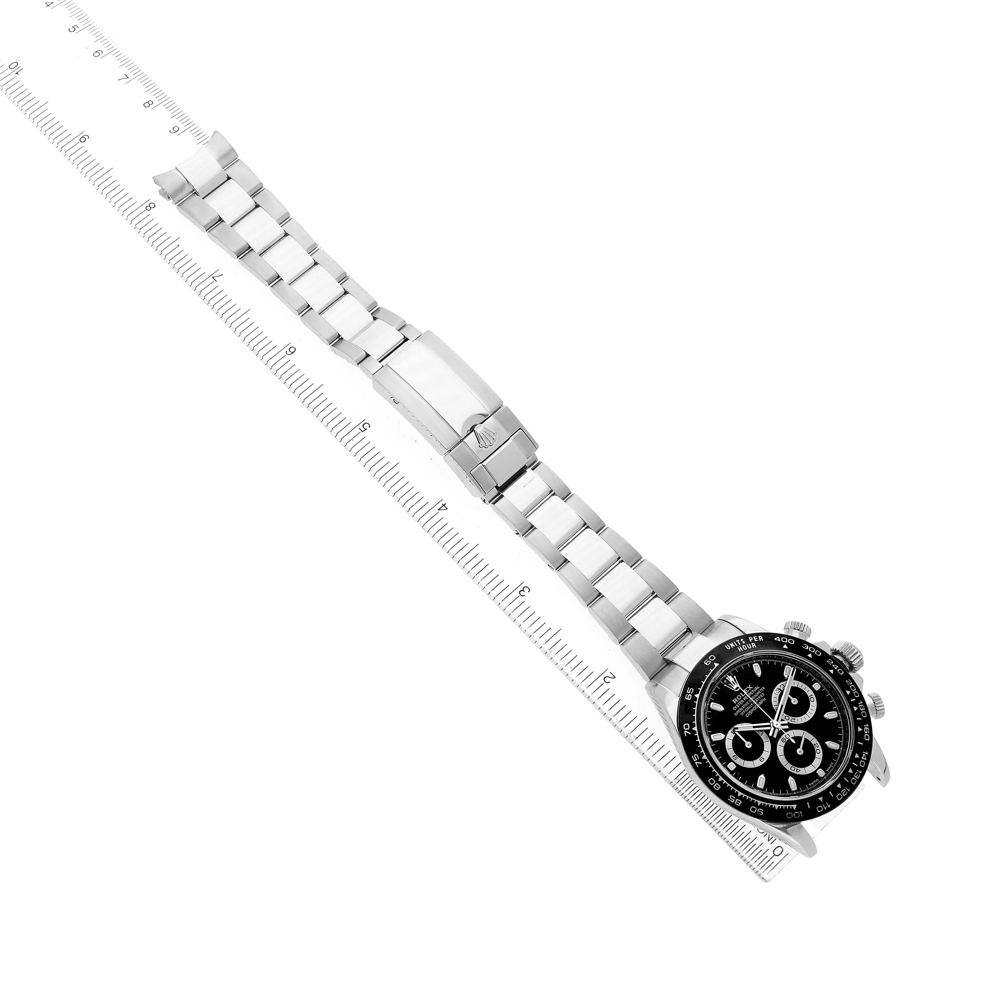 The Rolex Daytona 116500LN Men's Stainless Steel Black Dial watch is shown from a top view, displaying the dial, bezel, and full metal bracelet with a clasp.