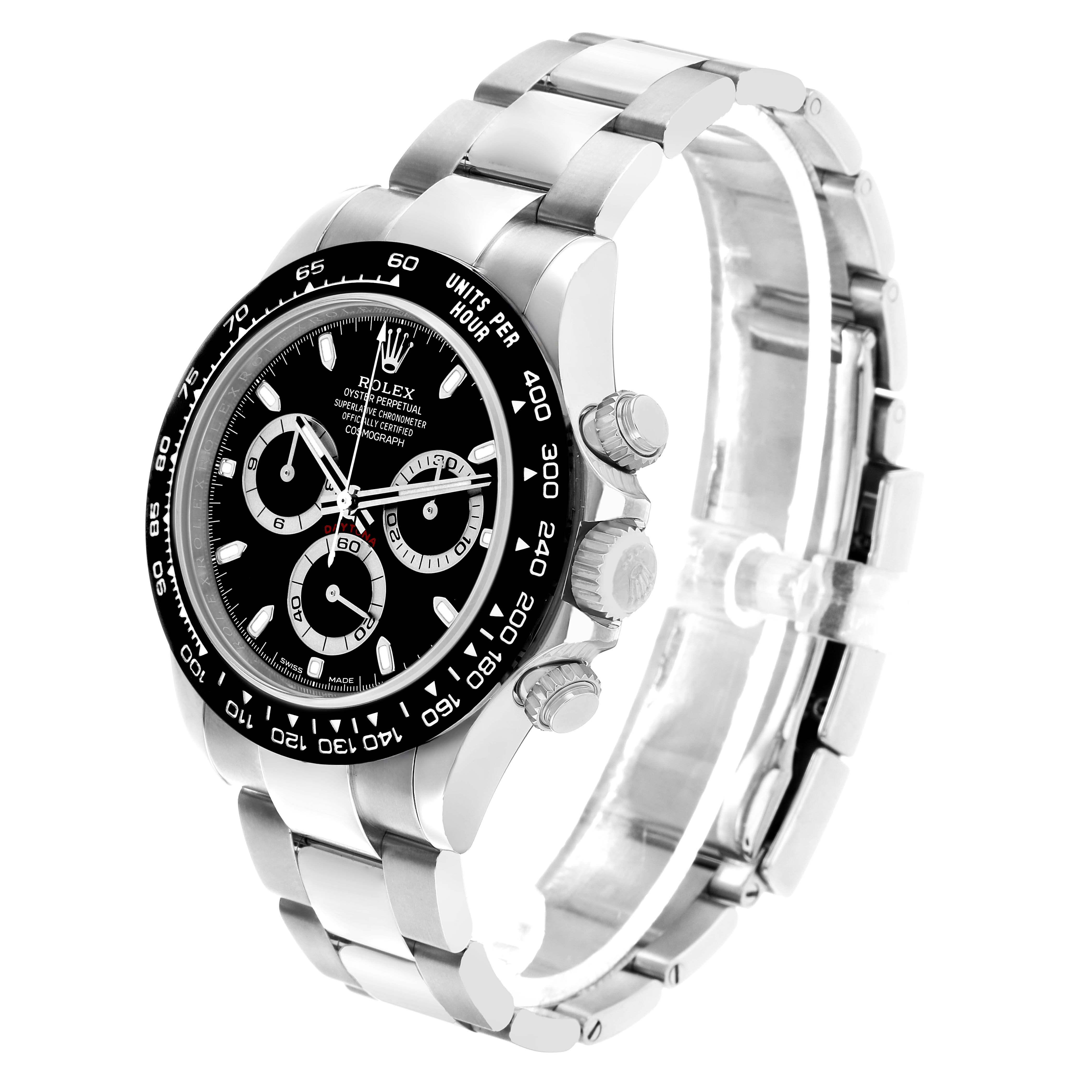 The Rolex Daytona 116500LN Men's Stainless Steel Black Dial watch is shown at a slight angle, displaying its black dial, bezel, pushers, and bracelet side.