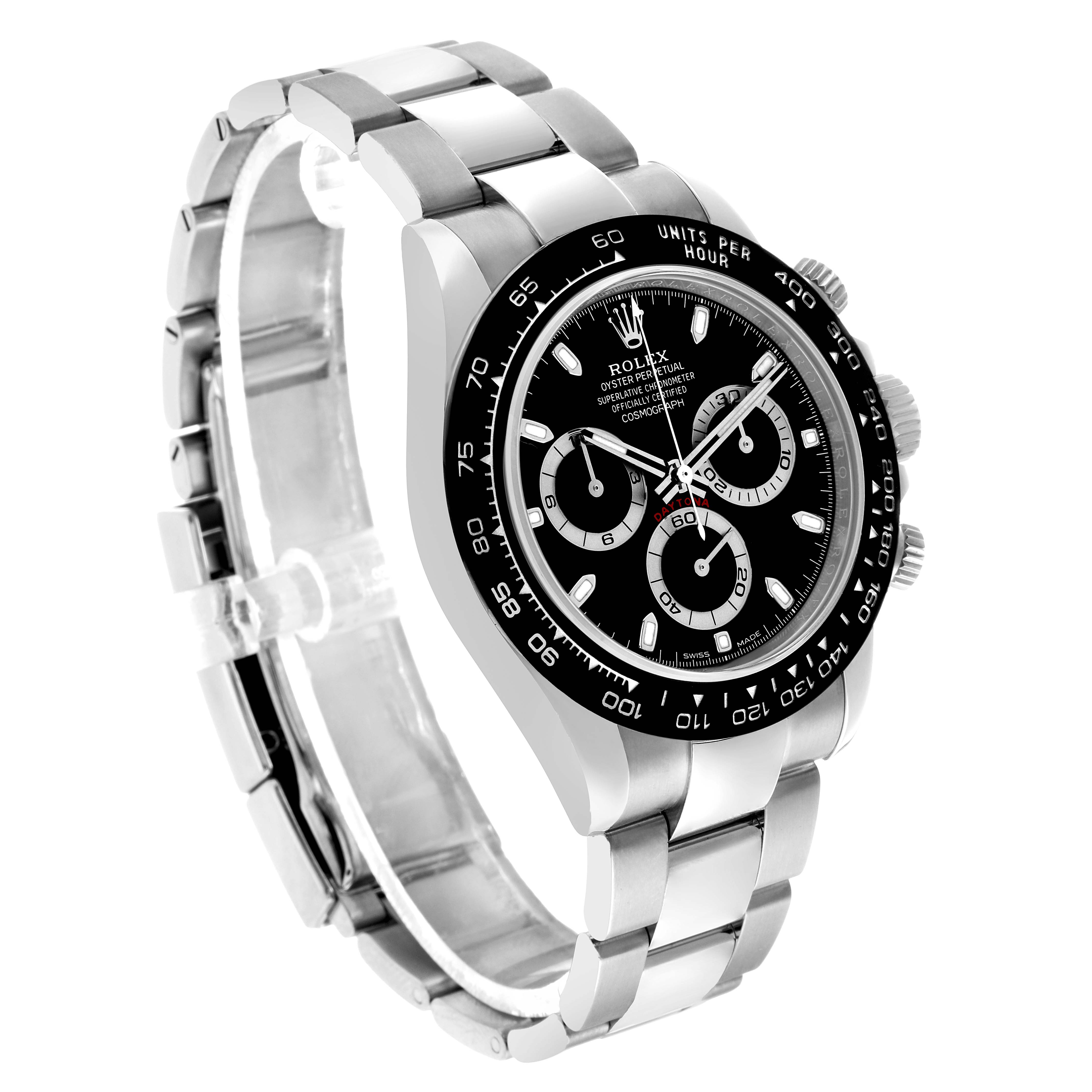 The Rolex Daytona 116500LN Men's Stainless Steel Black Dial is shown at a three-quarter angle, displaying the face, bezel, case, crown, pushers, and bracelet.