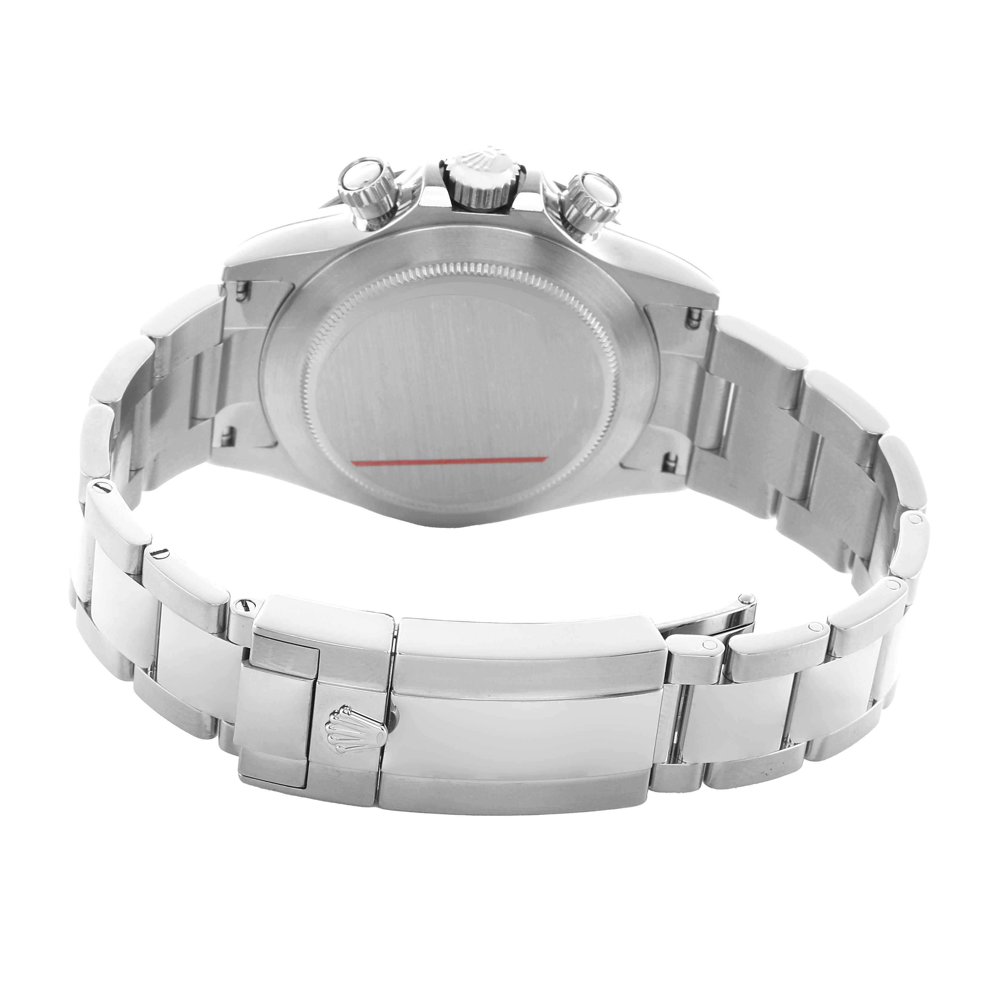 The image shows the back and clasp of a Rolex Daytona 116500LN Men's Stainless Steel Black Dial watch, highlighting the bracelet and rear case.