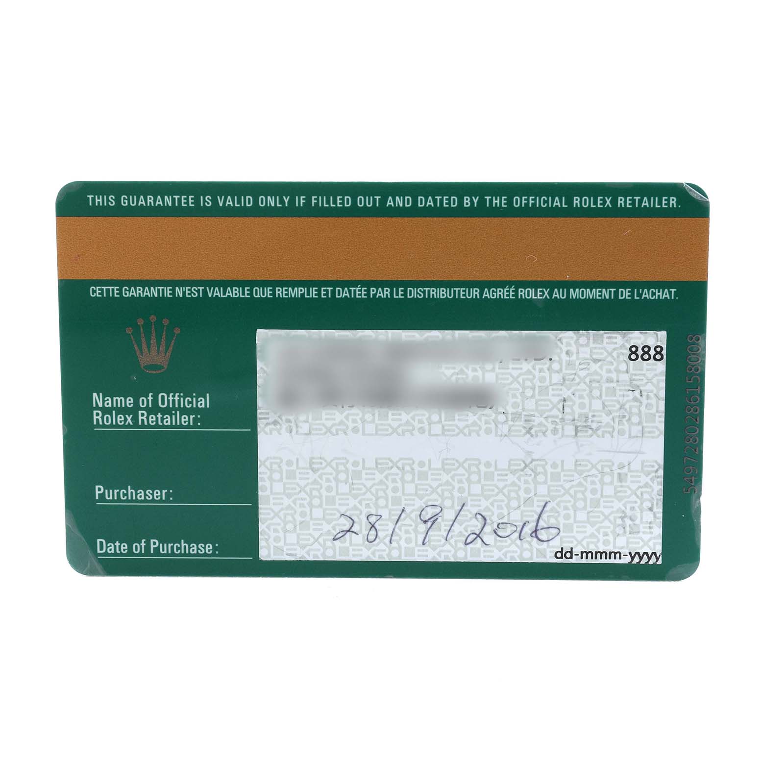 The image shows a Rolex Daytona 116500LN Men's Stainless Steel Black Dial warranty card photographed from the front.