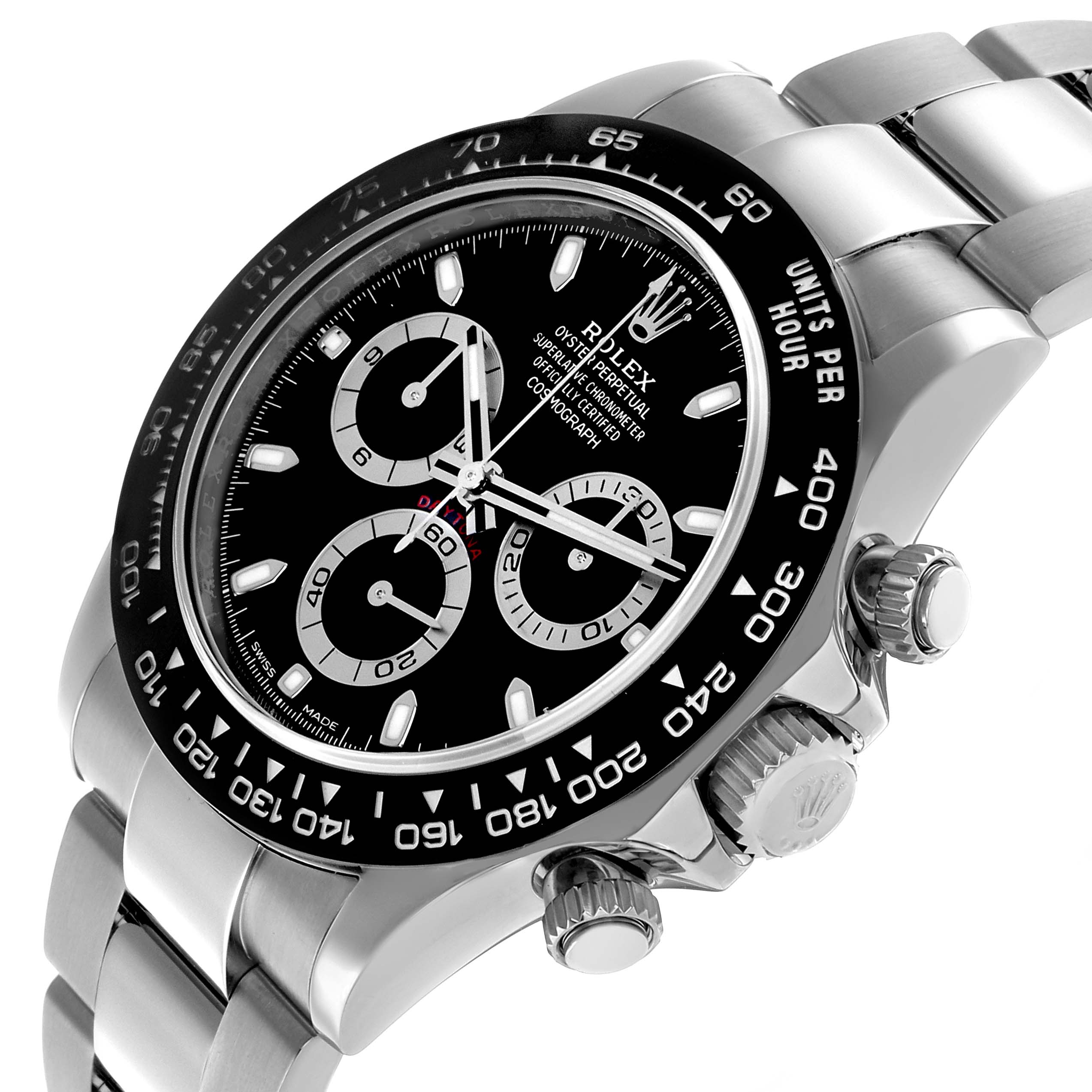 The Rolex Daytona 116500LN Men's Stainless Steel Black Dial is shown at a three-quarter angle, displaying the face, bezel, crown, and part of the bracelet.