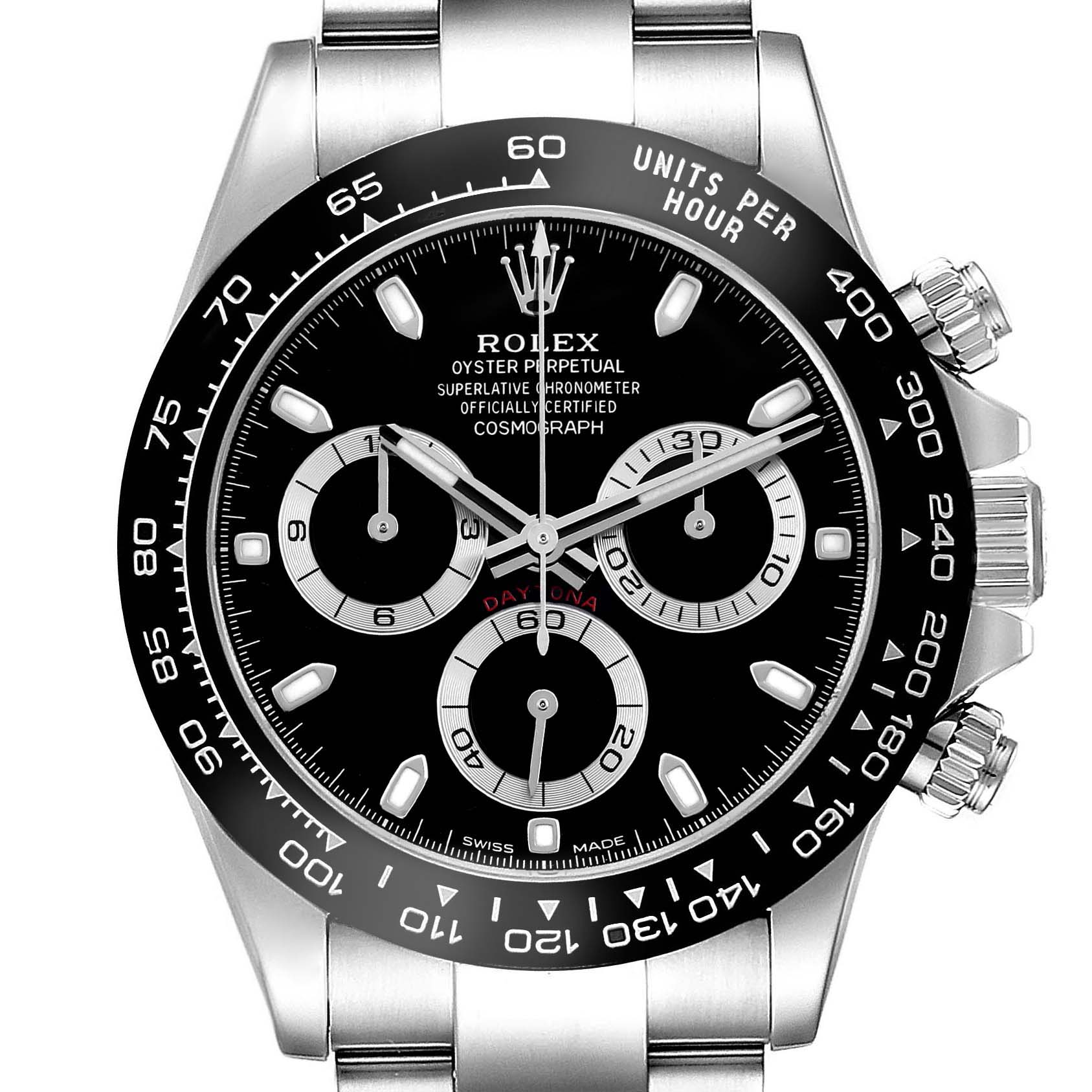 The Rolex Daytona 116500LN Men's Stainless Steel Black Dial watch is shown from the front, highlighting the dial, bezel, subdials, pushers, and part of the bracelet.