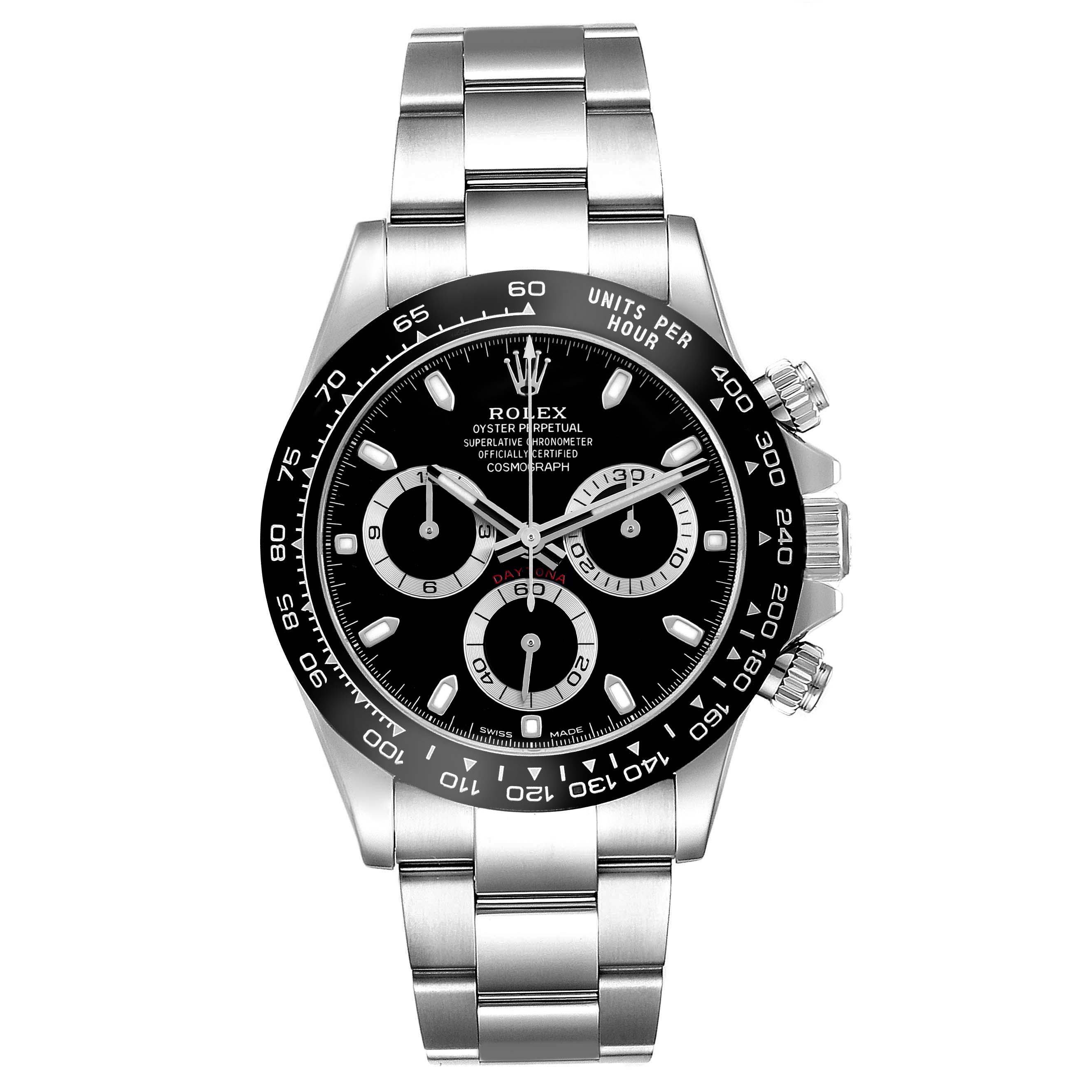 The Rolex Daytona 116500LN Men's Stainless Steel Black Dial watch is shown from a front angle, displaying the dial, bezel, and bracelet in detail.