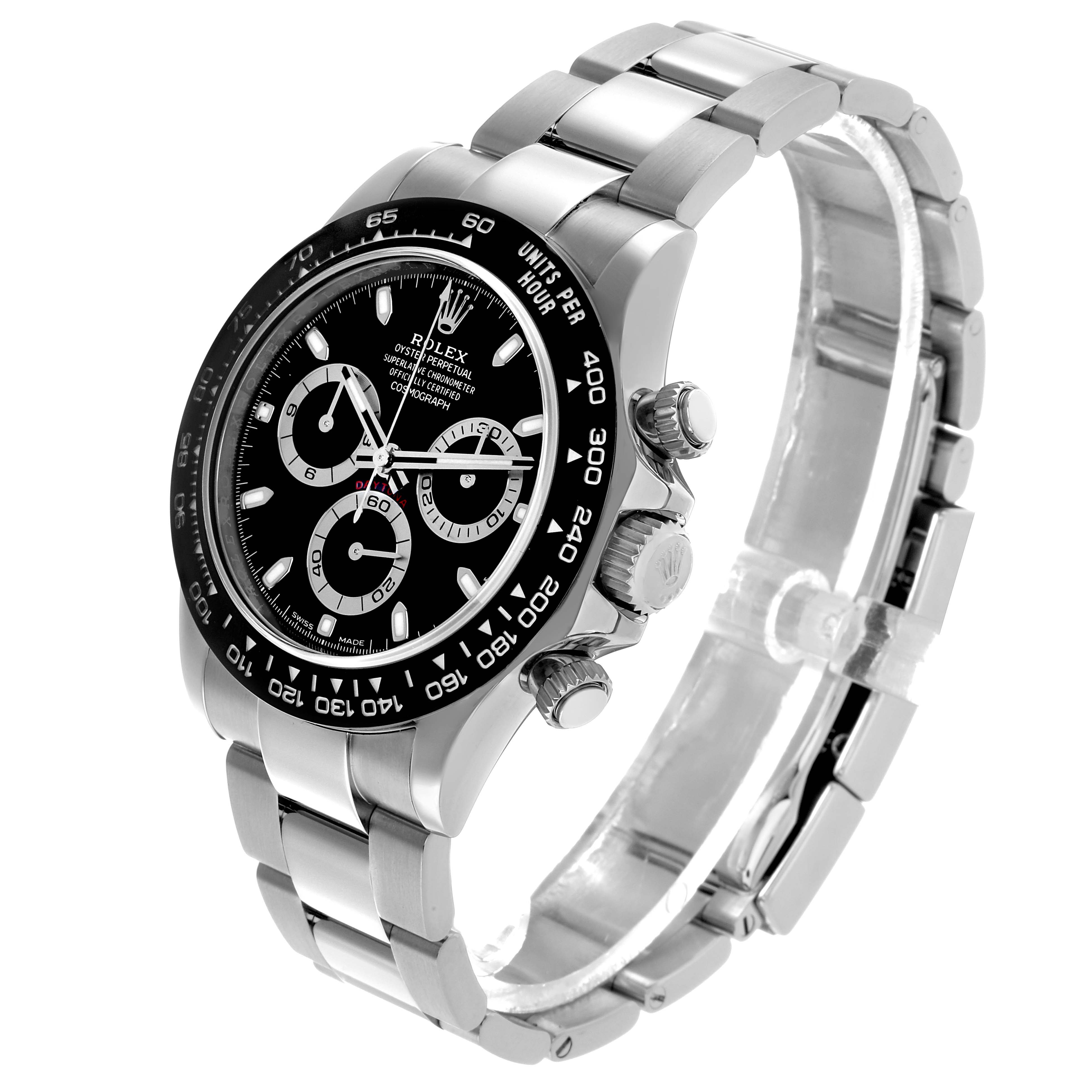 The Rolex Daytona 116500LN Men's Stainless Steel Black Dial watch is shown at a three-quarter angle highlighting the bezel, dial, crown, and stainless steel bracelet.