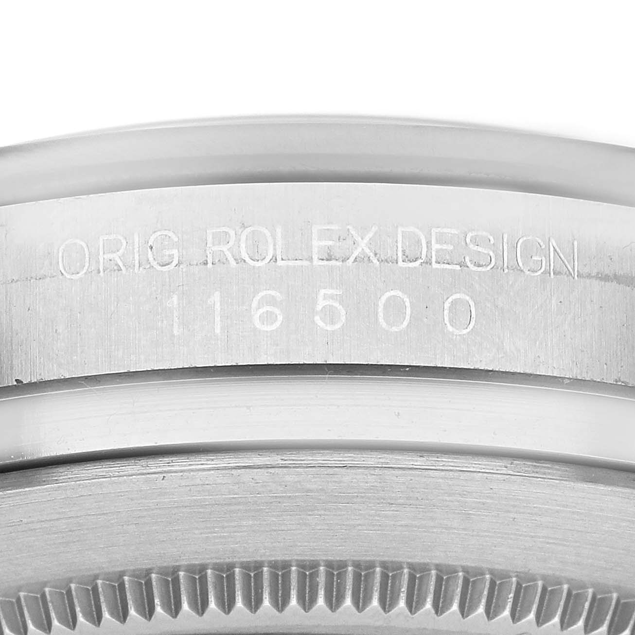 The image shows a close-up of the engraving on the side of a Rolex Daytona 116500LN Men's Stainless Steel Black Dial watch case, displaying the model number 116500.