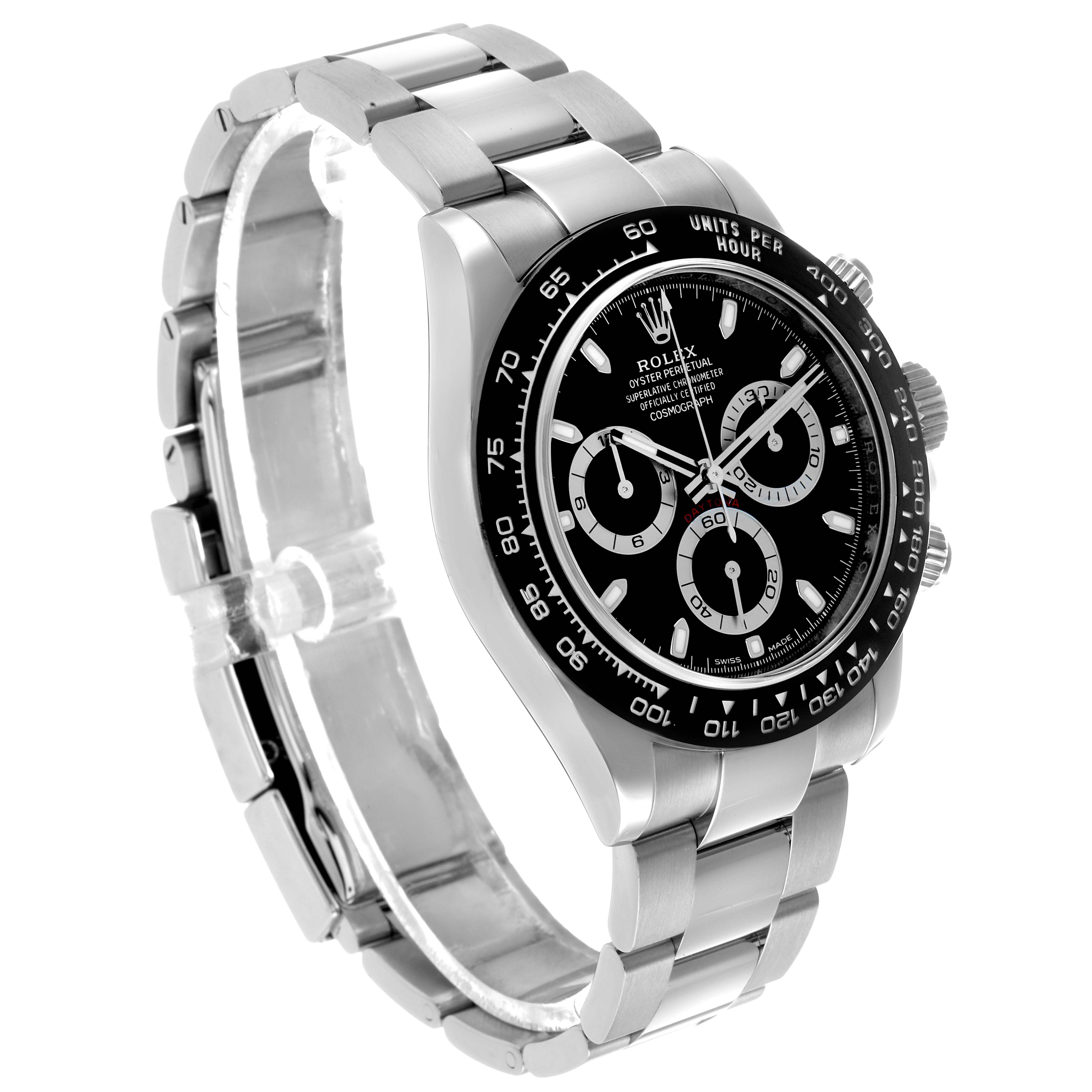 The Rolex Daytona 116500LN Men's Stainless Steel Black Dial watch is shown at a three-quarter angle, displaying the dial, bezel, crown, and bracelet.