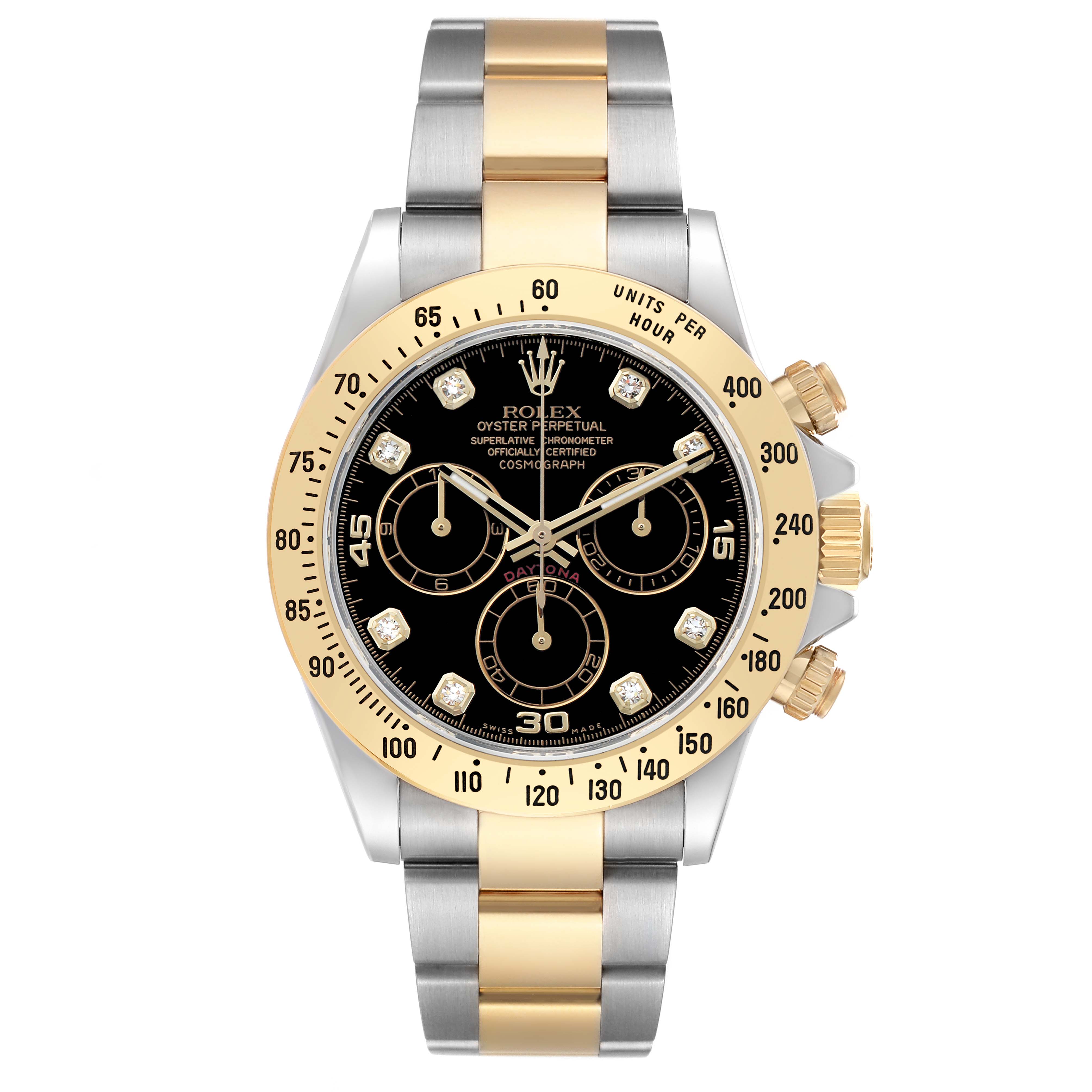 The Rolex Daytona 116523 Men's Steel and Gold (two tone) Black Dial watch is shown from a front angle, highlighting its dial, bezel, crown, and bicolor bracelet.