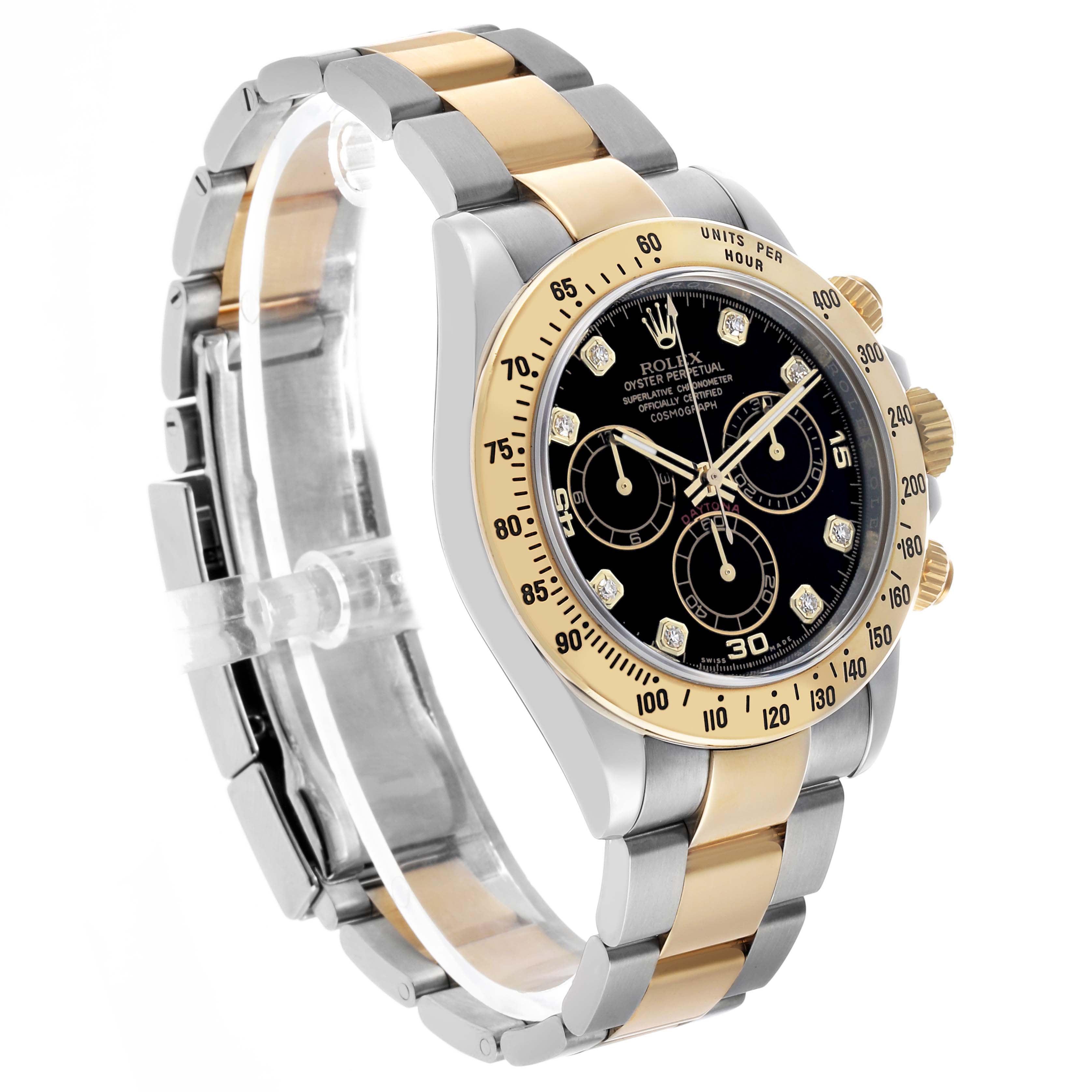 The Rolex Daytona 116523 Men's Steel and Gold (two tone) Black Dial watch is shown at a slight angle, displaying its two-tone bracelet, bezel, and dial with sub-dials.