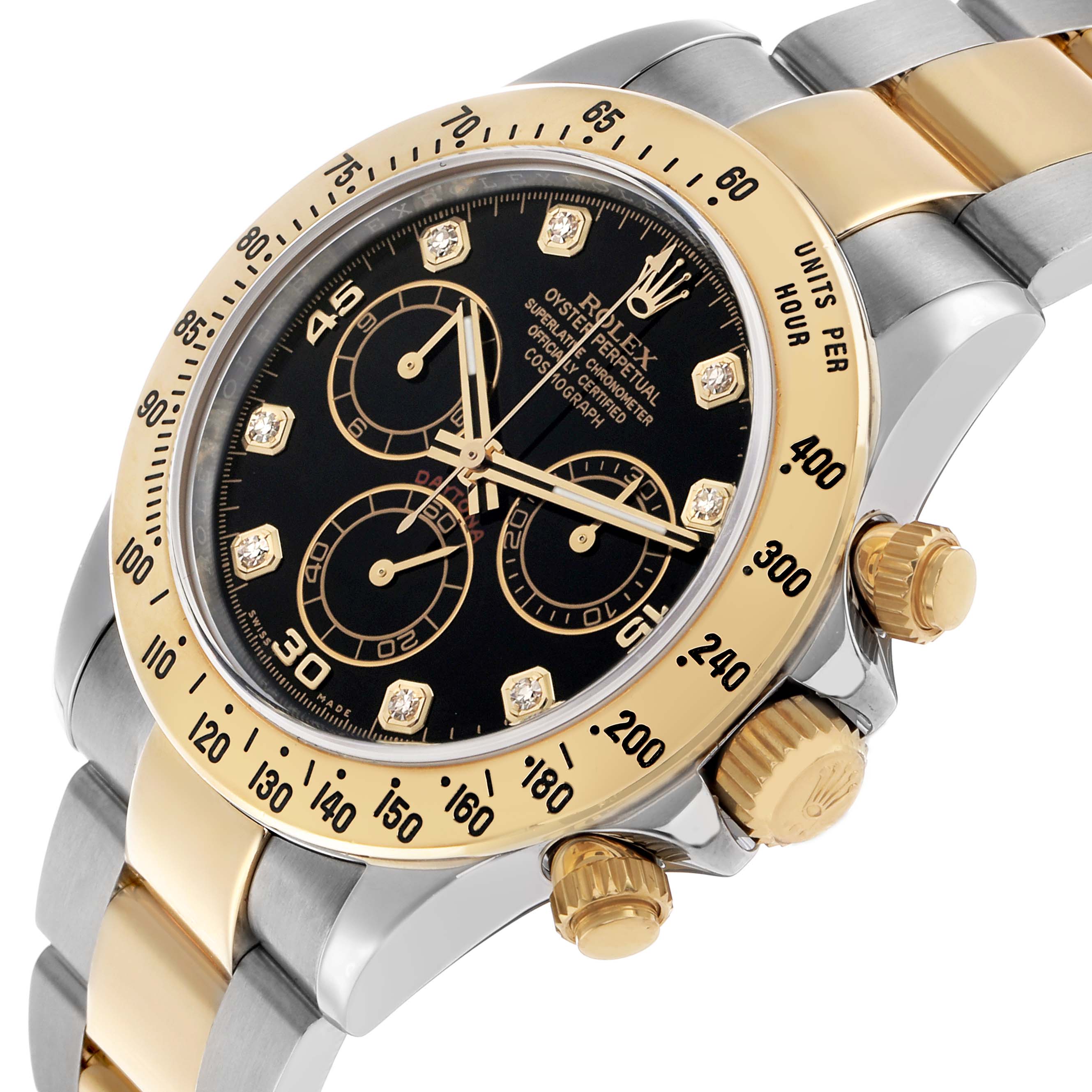 The image shows a close-up of the Rolex Daytona 116523 Men's Steel and Gold (two tone) Black Dial watch at an angled view highlighting the bezel, dial, and chronograph pushers.