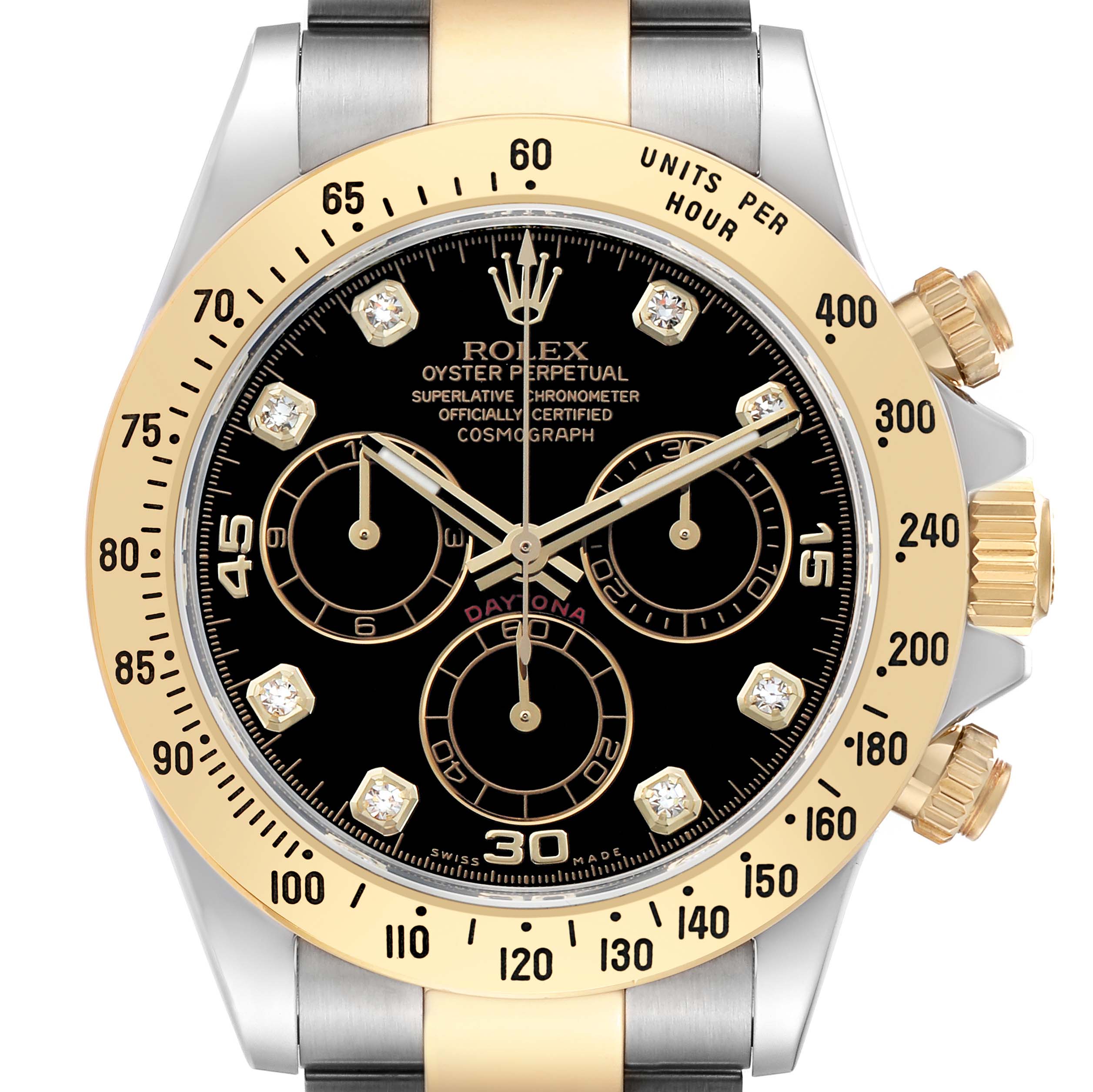 The image shows a frontal view of a Rolex Daytona 116523 Men's Steel and Gold (two tone) Black Dial watch, highlighting its bezel, sub-dials, and crown.