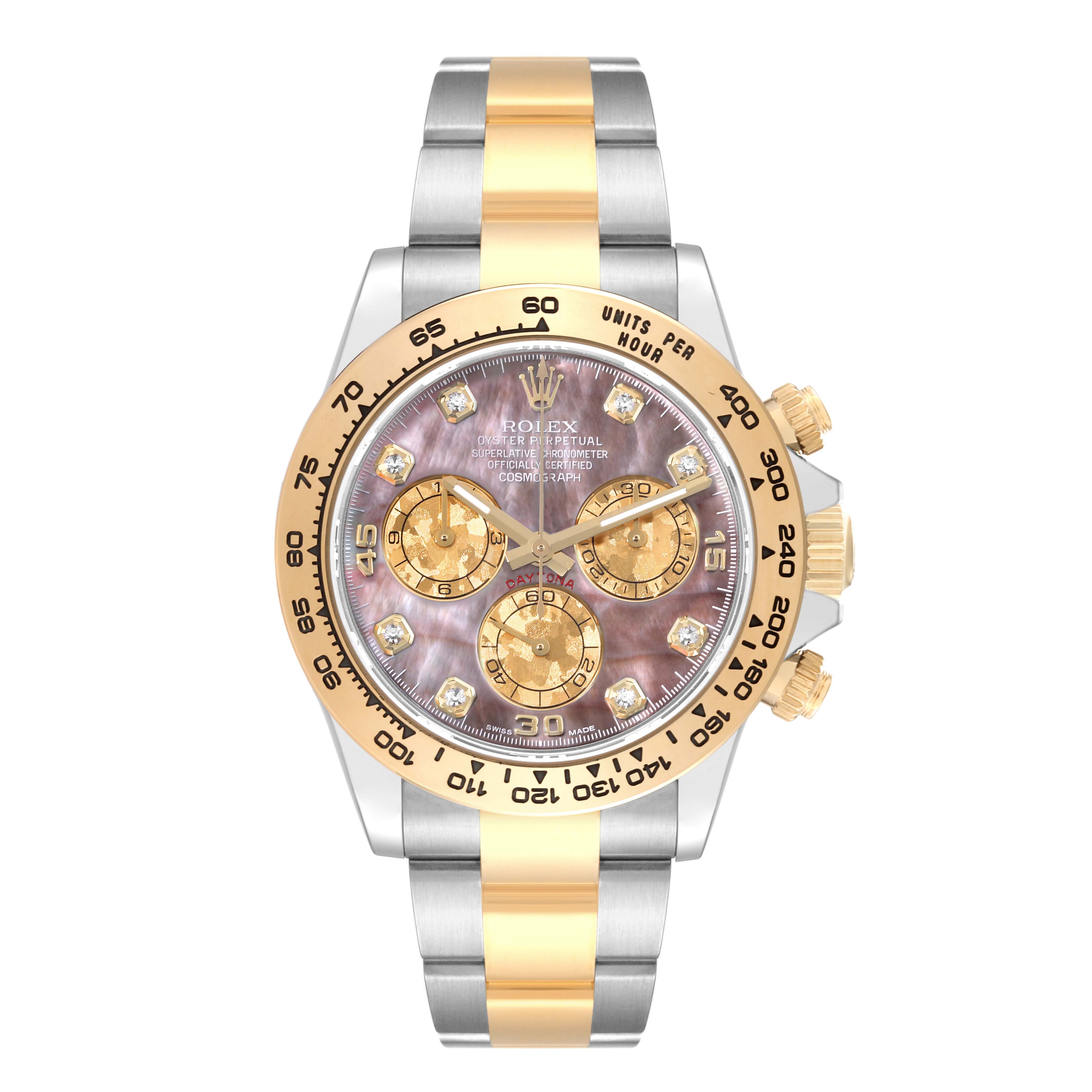 This image shows a front view of a Rolex Daytona 116503 Men's Steel and Gold (two tone) Mother of Pearl Dial 116503 Men's Steel and Gold (two tone) Mother of Pearl Dial watch with a two-tone bracelet, gold bezel, and mother-of-pearl dial.