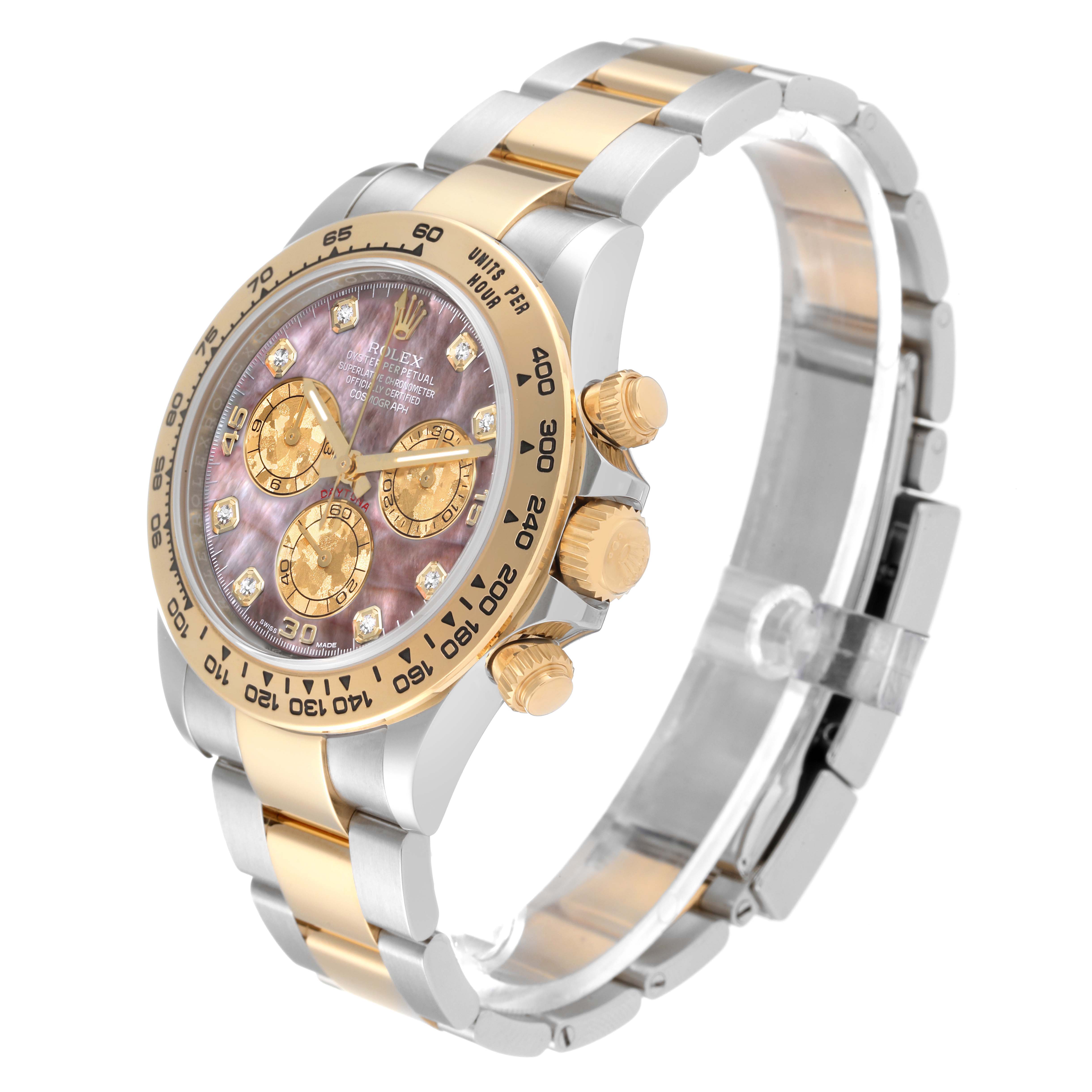 The image shows a side angle of the Rolex Daytona 116503 Men's Steel and Gold (two tone) Mother of Pearl Dial 116503 Men's Steel and Gold (two tone) Mother of Pearl Dial watch highlighting its gold and silver band and the detailed face with subdials.