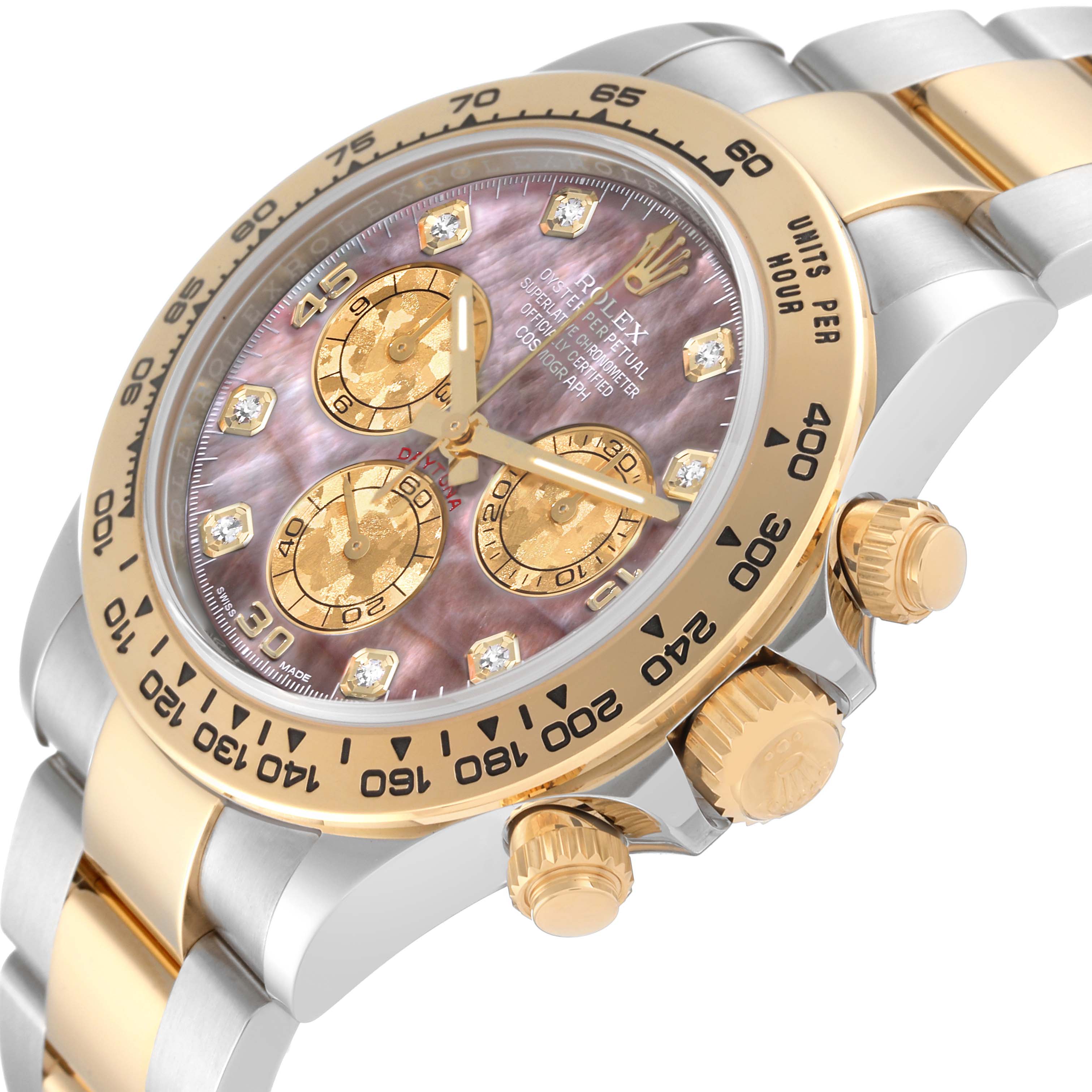 The image shows a close-up, angled view of the Rolex Daytona 116503 Men's Steel and Gold (two tone) Mother of Pearl Dial 116503 Men's Steel and Gold (two tone) Mother of Pearl Dial model, highlighting its dial, bezel, and crown.