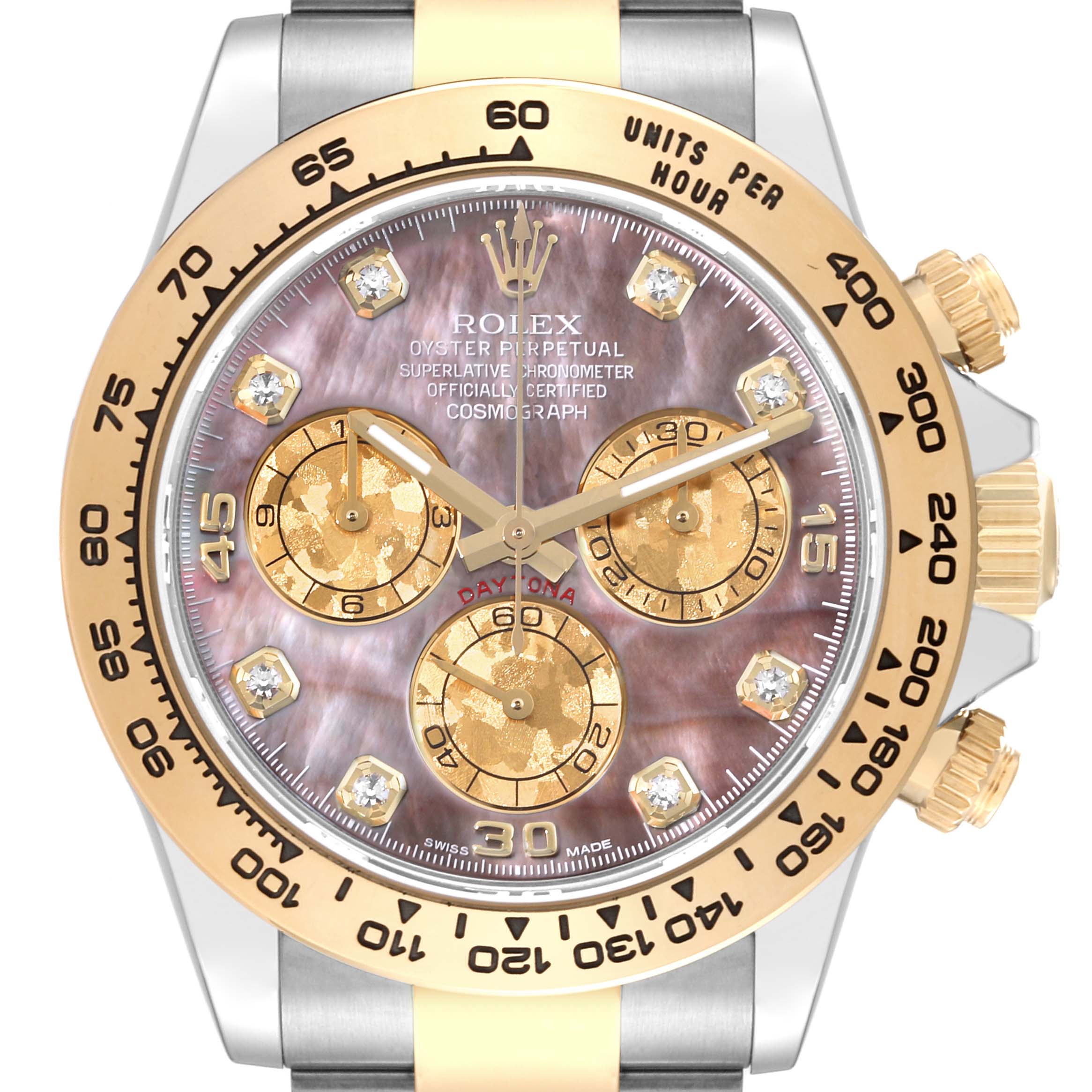 Close-up of a Rolex Daytona 116503 Men's Steel and Gold (two tone) Mother of Pearl Dial 116503 Men's Steel and Gold (two tone) Mother of Pearl Dial watch showing the dial, hands, subdials, bezel, and crown from a frontal angle.