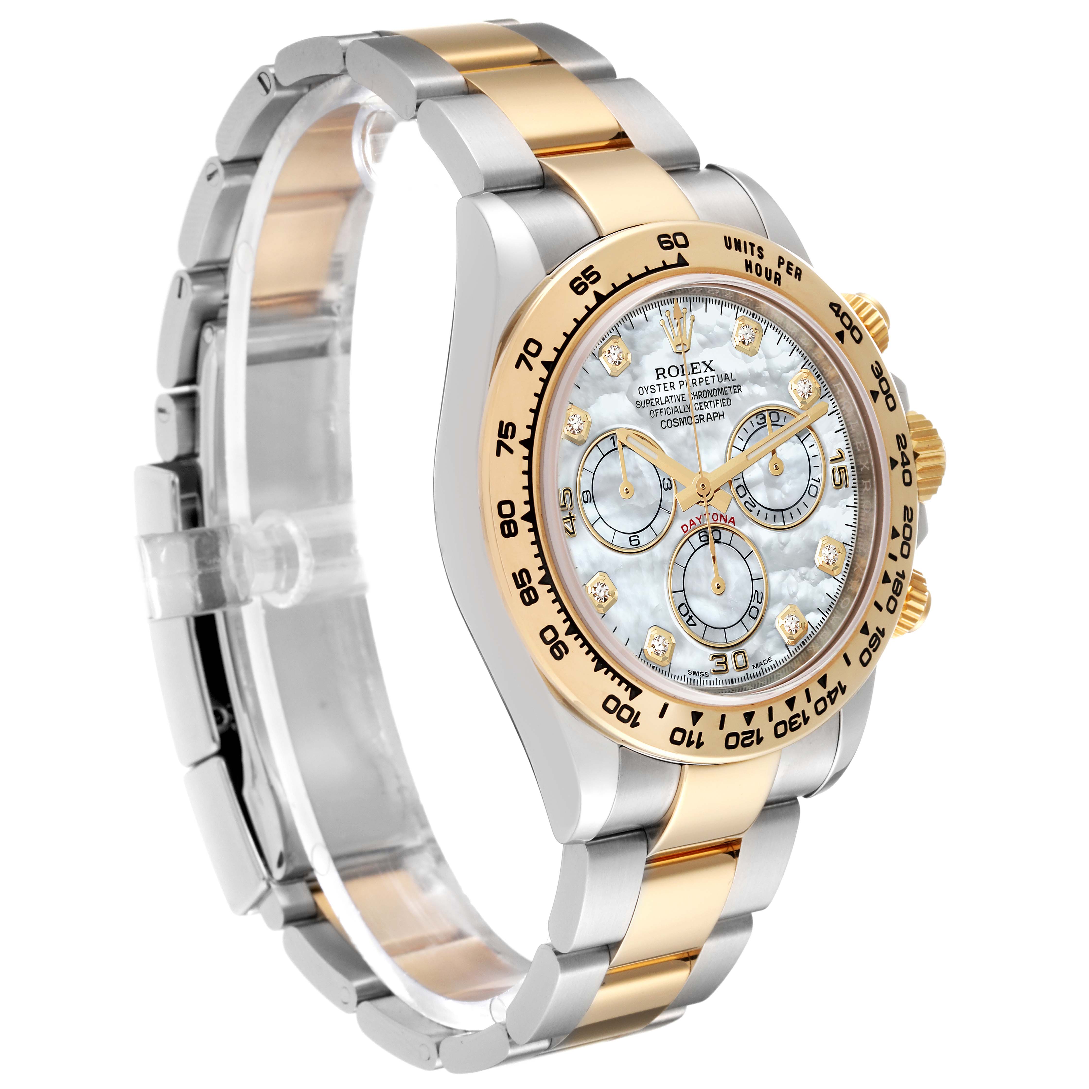 This Rolex Daytona 116503 Men's Steel and Gold (two tone) Mother of Pearl Dial 116503 Men's Steel and Gold (two tone) Mother of Pearl Dial watch is shown at a three-quarter angle, highlighting the face, bezel, and bi-metal strap.
