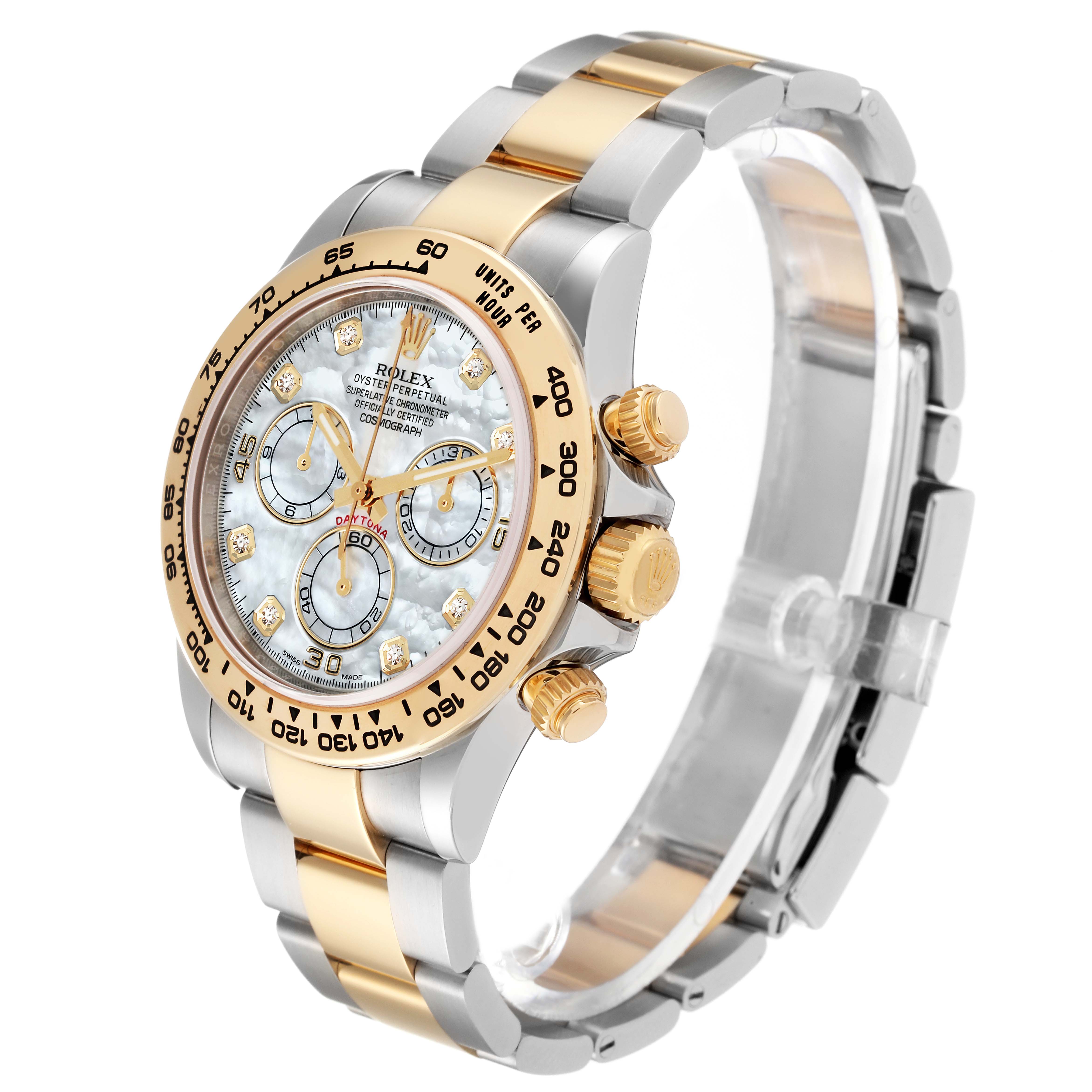 The image shows a Rolex Daytona 116503 Men's Steel and Gold (two tone) Mother of Pearl Dial 116503 Men's Steel and Gold (two tone) Mother of Pearl Dial watch at an angled side view showcasing its gold and silver bracelet, dial, bezel, and crown.
