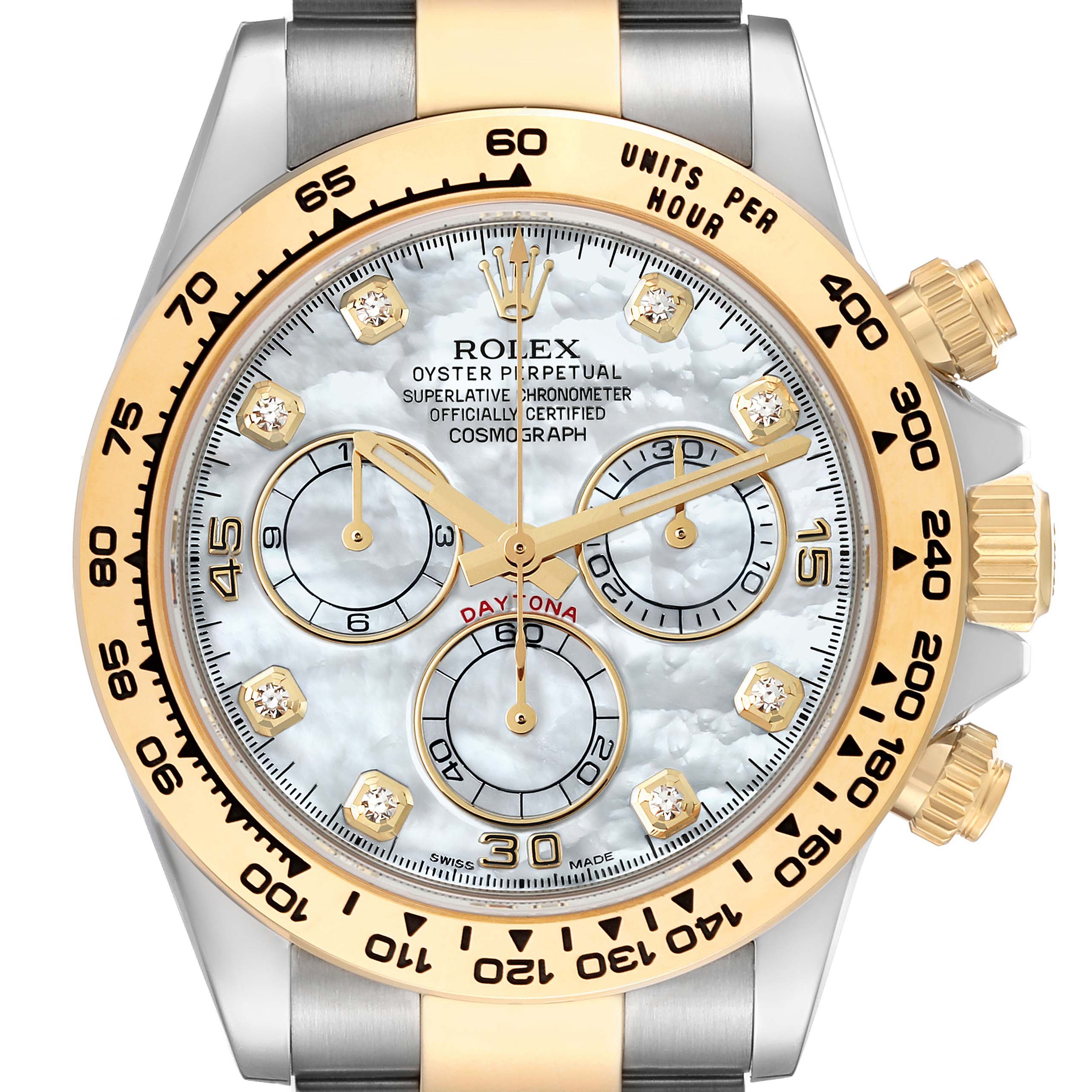 This image shows a close-up, front view of the Rolex Daytona 116503 Men's Steel and Gold (two tone) Mother of Pearl Dial 116503 Men's Steel and Gold (two tone) Mother of Pearl Dial watch, highlighting its dial, bezel, and crown.