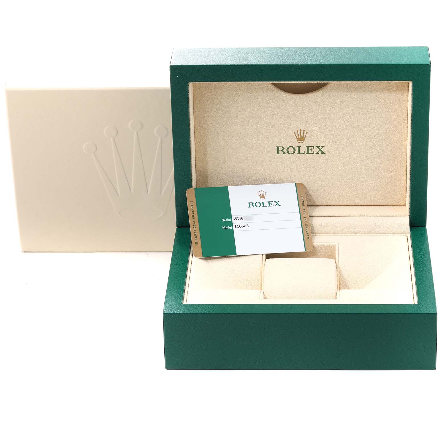 The image shows the open box and card for a Rolex Daytona 116503 Men's Steel and Gold (two tone) Mother of Pearl Dial 116503 Men's Steel and Gold (two tone) Mother of Pearl Dial watch, model 116503, with the Rolex logo visible.