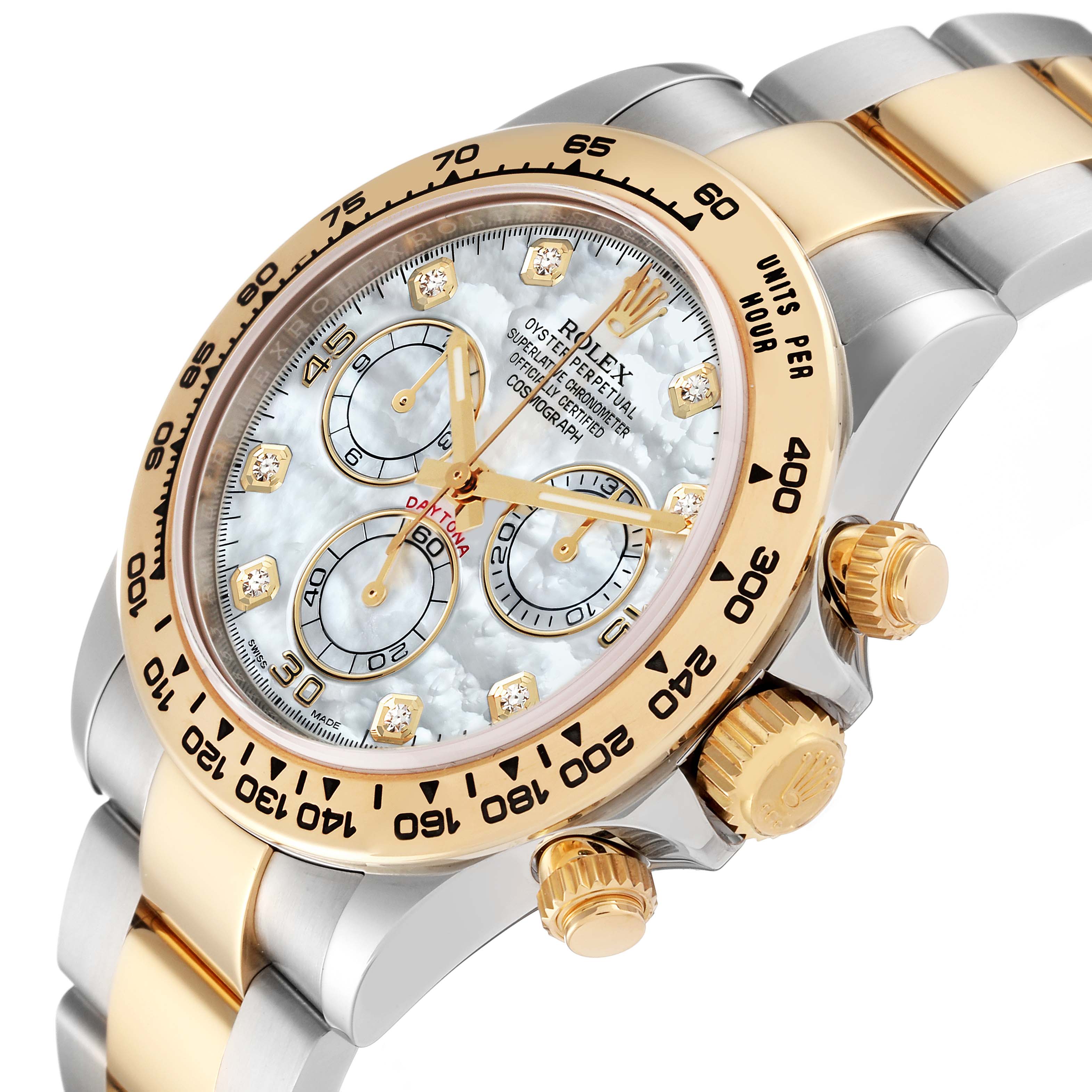 This image shows a close-up front angle of the Rolex Daytona 116503 Men's Steel and Gold (two tone) Mother of Pearl Dial 116503 Men's Steel and Gold (two tone) Mother of Pearl Dial watch, highlighting the dial, bezel, and strap.