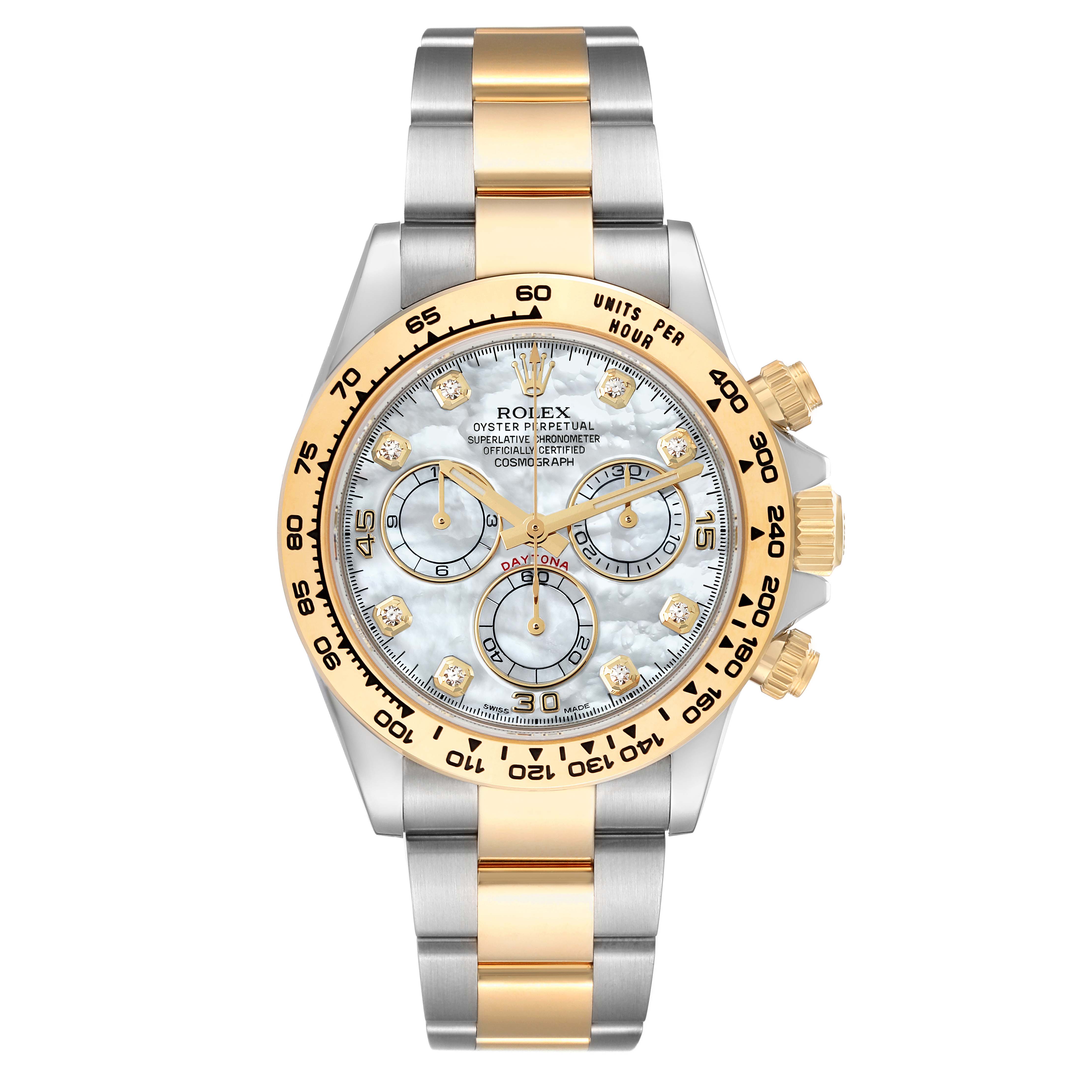 This image shows a front view of the Rolex Daytona 116503 Men's Steel and Gold (two tone) Mother of Pearl Dial 116503 Men's Steel and Gold (two tone) Mother of Pearl Dial watch, highlighting its dial, bezel, and wristband.