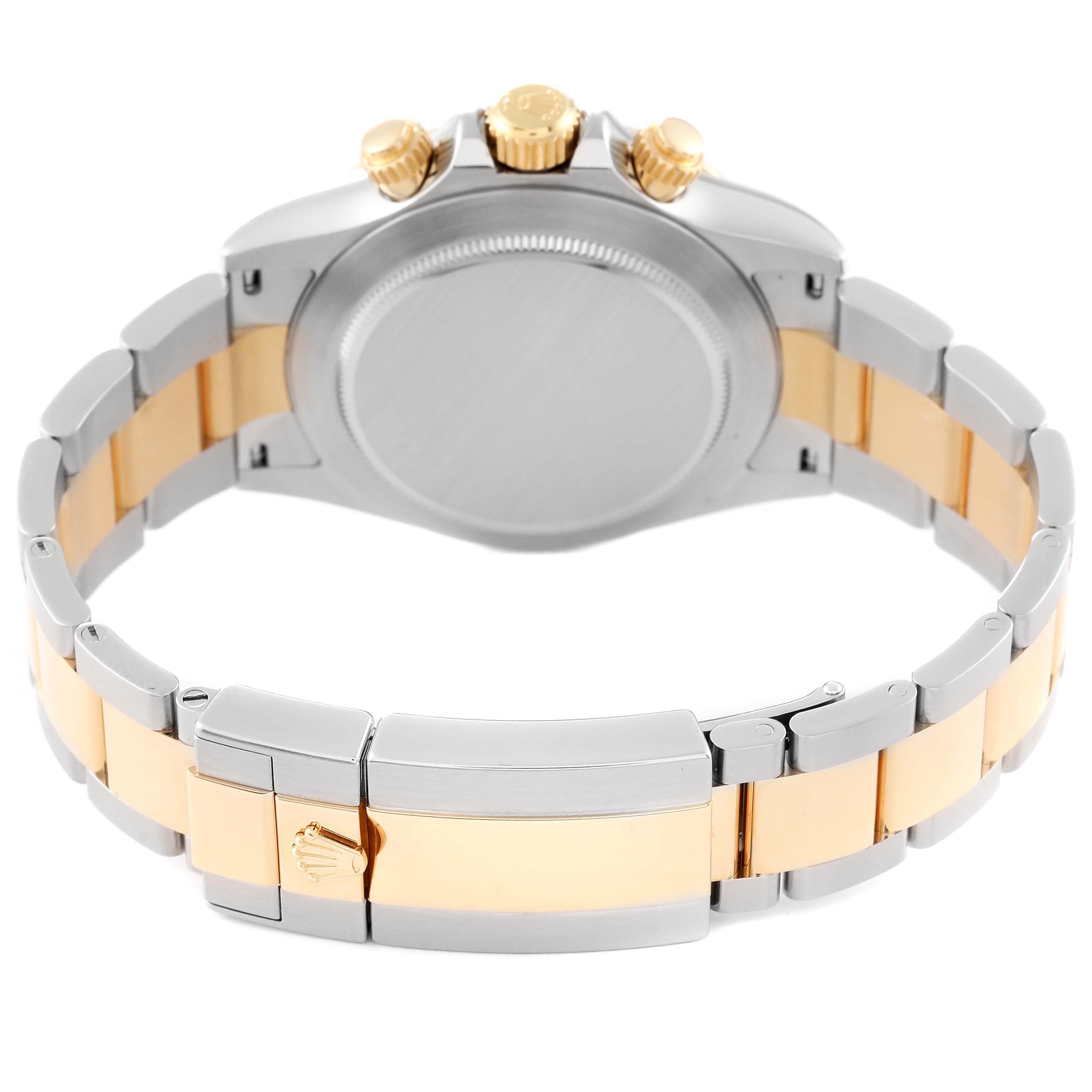 The image shows the back and clasp of a Rolex Daytona 116503 Men's Steel and Gold (two tone) Mother of Pearl Dial 116503 Men's Steel and Gold (two tone) Mother of Pearl Dial watch, highlighting the two-tone metal bracelet and the crown.