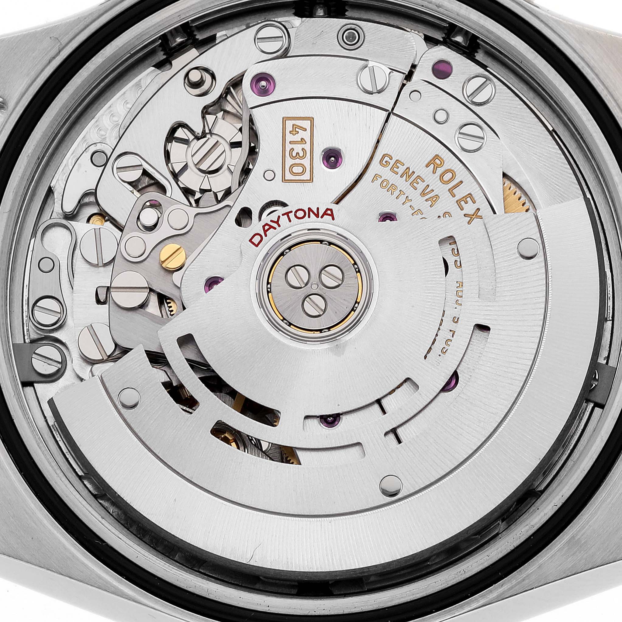 This image shows the intricate movement mechanism of a Rolex Daytona 116503 Men's Steel and Gold (two tone) Mother of Pearl Dial 116503 Men's Steel and Gold (two tone) Mother of Pearl Dial watch at a close-up angle.