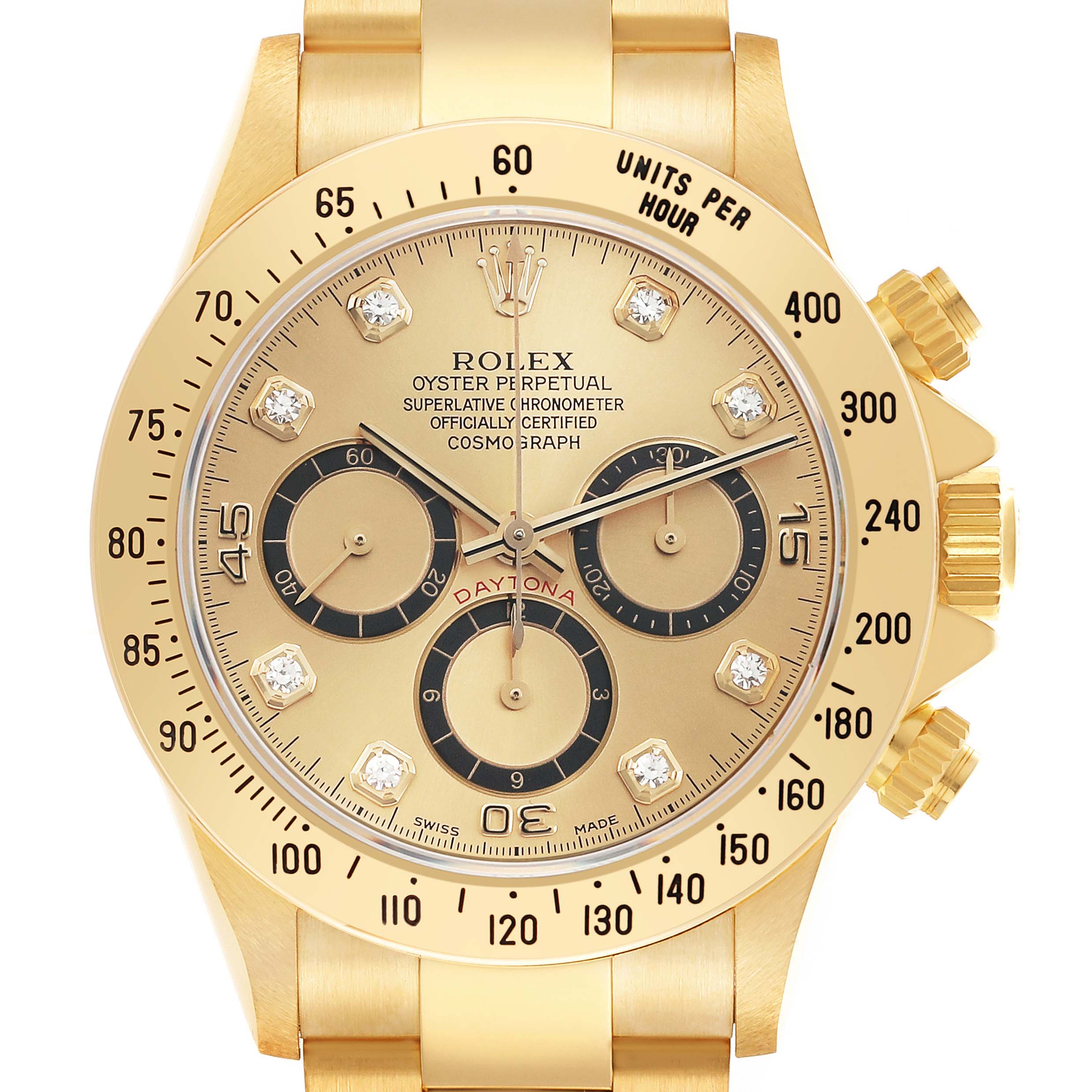 The Rolex Daytona 16528 Men's Yellow Gold Champagne Dial watch is shown from a front angle, highlighting the dial, bezel, and sub-dials.