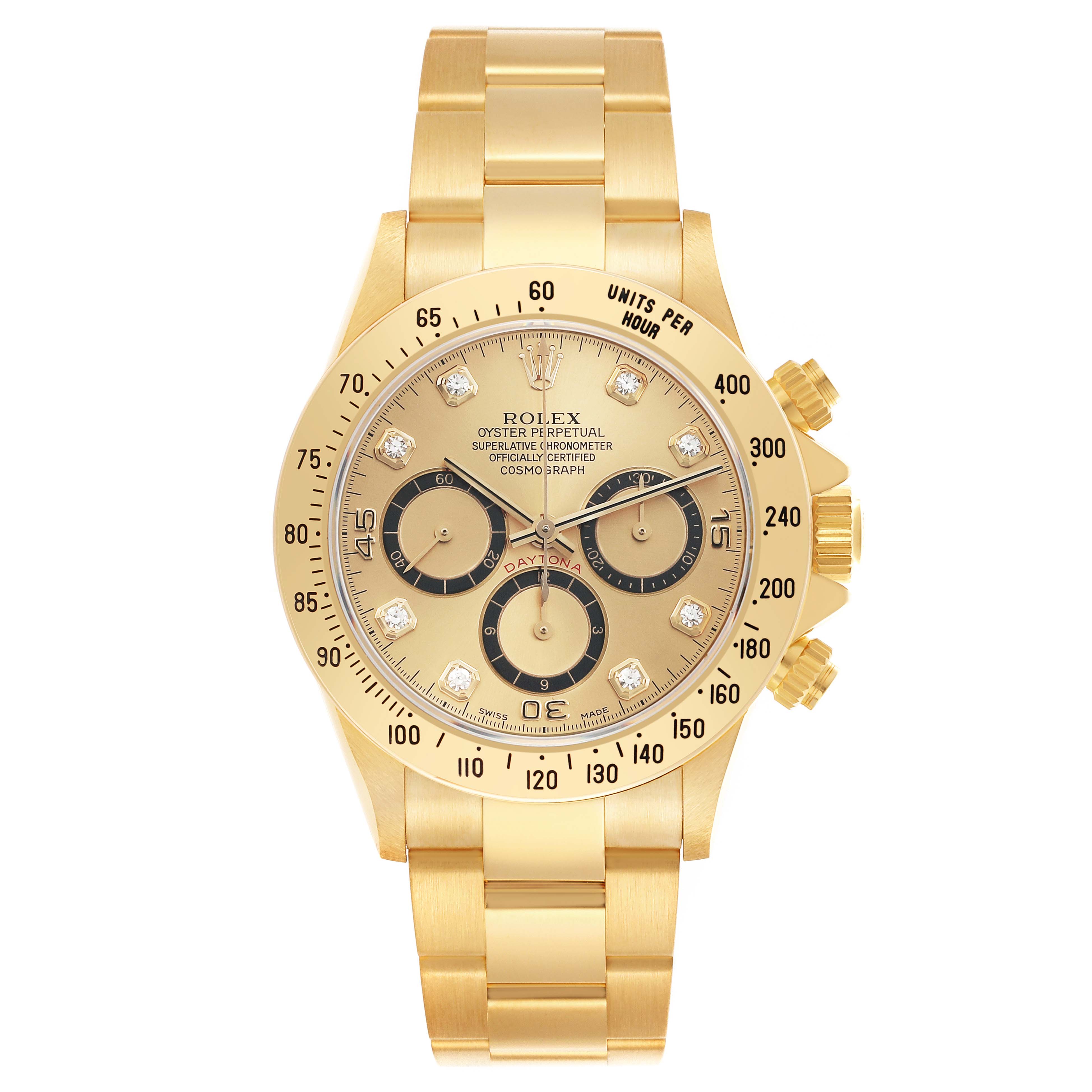The Rolex Daytona 16528 Men's Yellow Gold Champagne Dial watch is shown from a front view, highlighting its dial, bezel, and bracelet.
