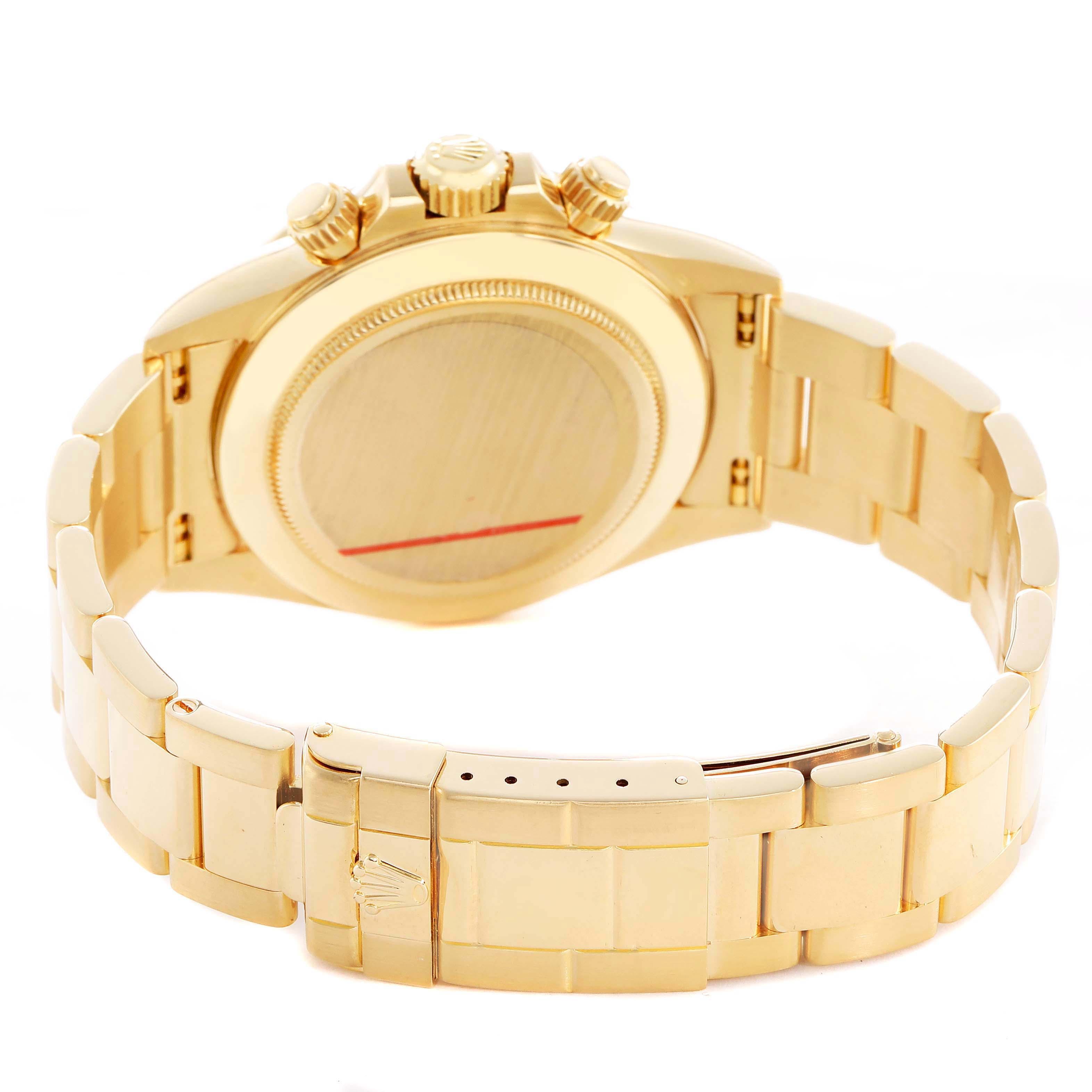 The image shows a Rolex Daytona 16528 Men's Yellow Gold Champagne Dial watch from the back, including the case back, crown, pushers, and bracelet.