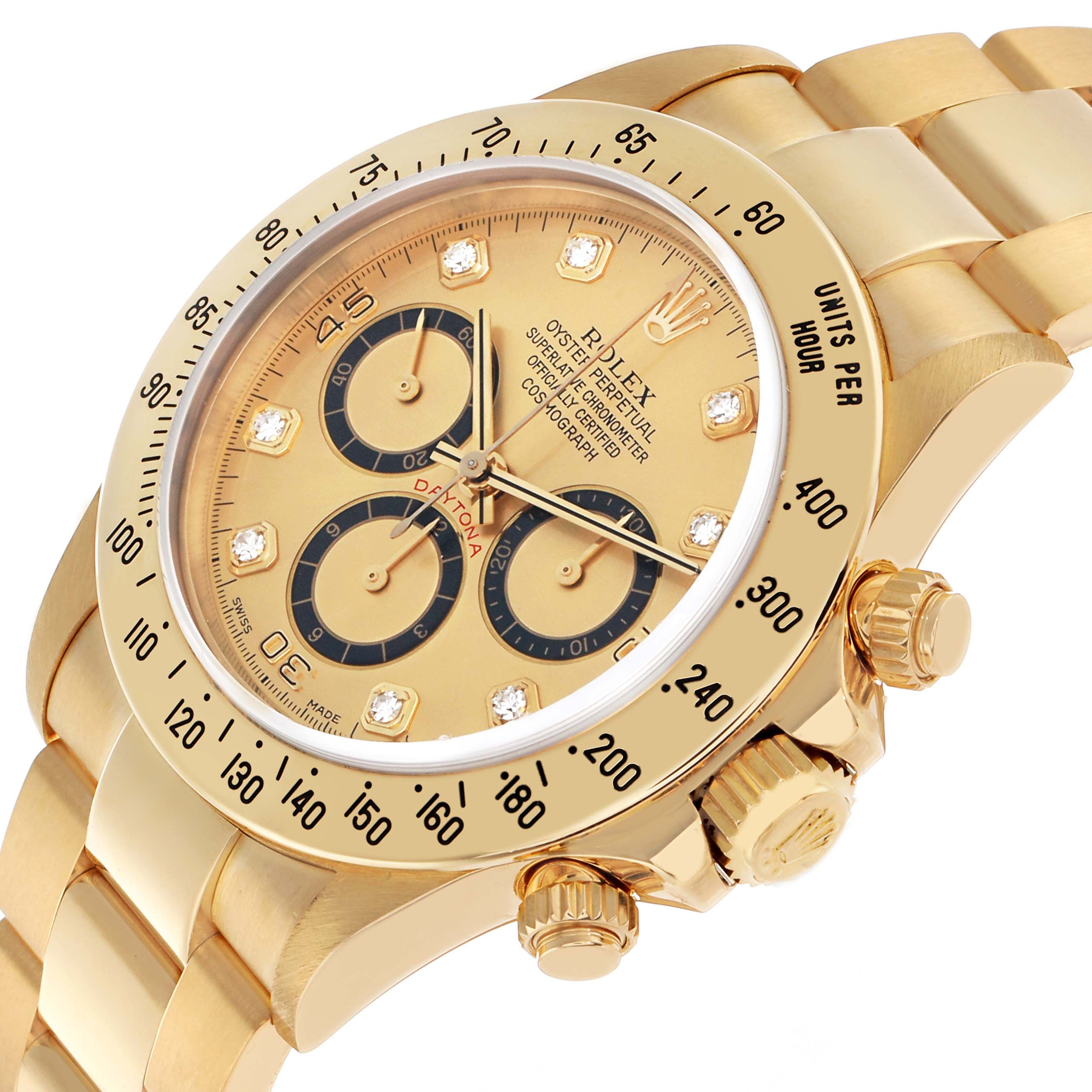The Rolex Daytona 16528 Men's Yellow Gold Champagne Dial watch is shown at an angled close-up, displaying the dial, bezel, crown, and part of the bracelet.