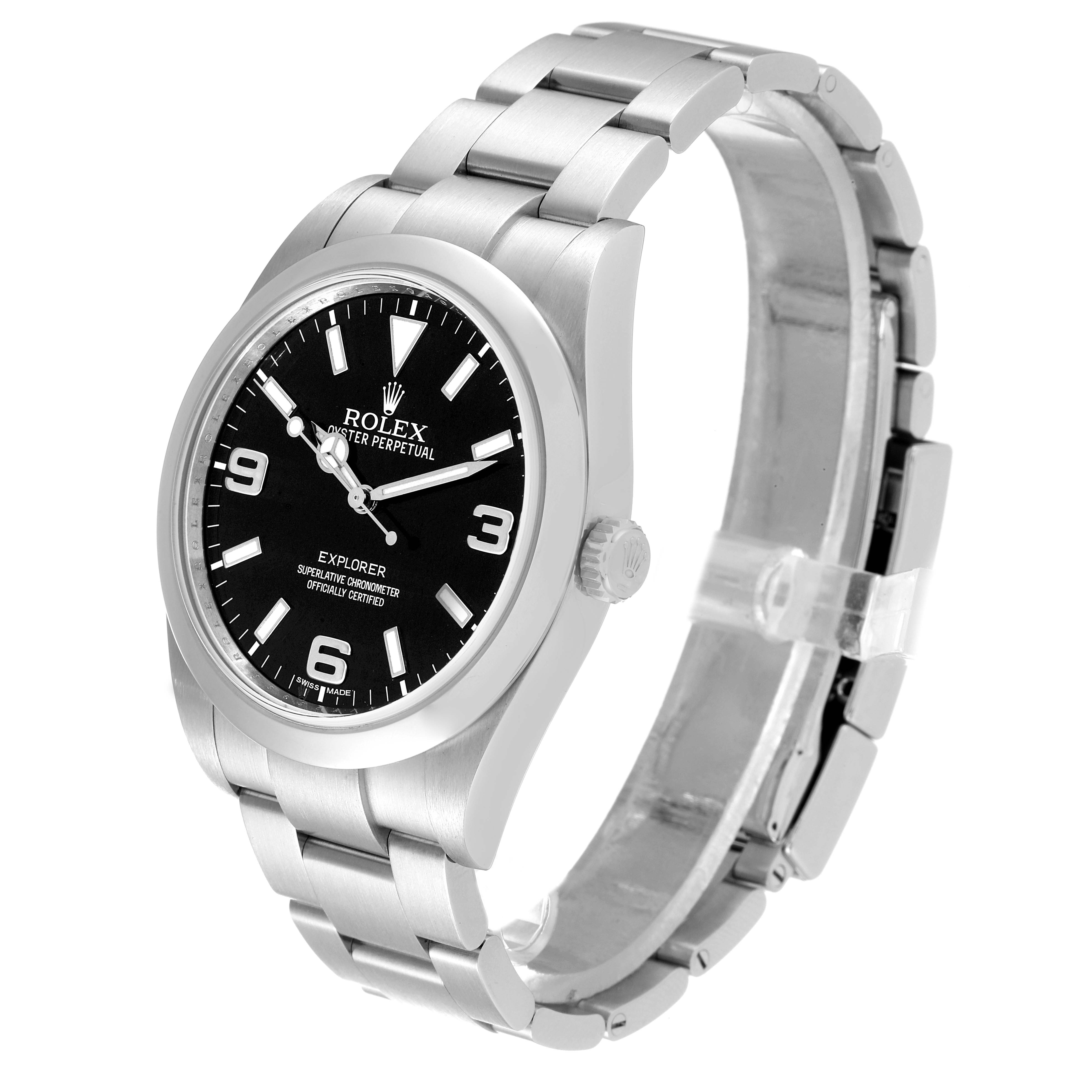 The Rolex Explorer 214270 Men
s Stainless Steel Black Dial 214270 Men
s Stainless Steel Black Dial watch is shown at an oblique angle, clearly displaying its black dial, hour markers, and metallic bracelet.