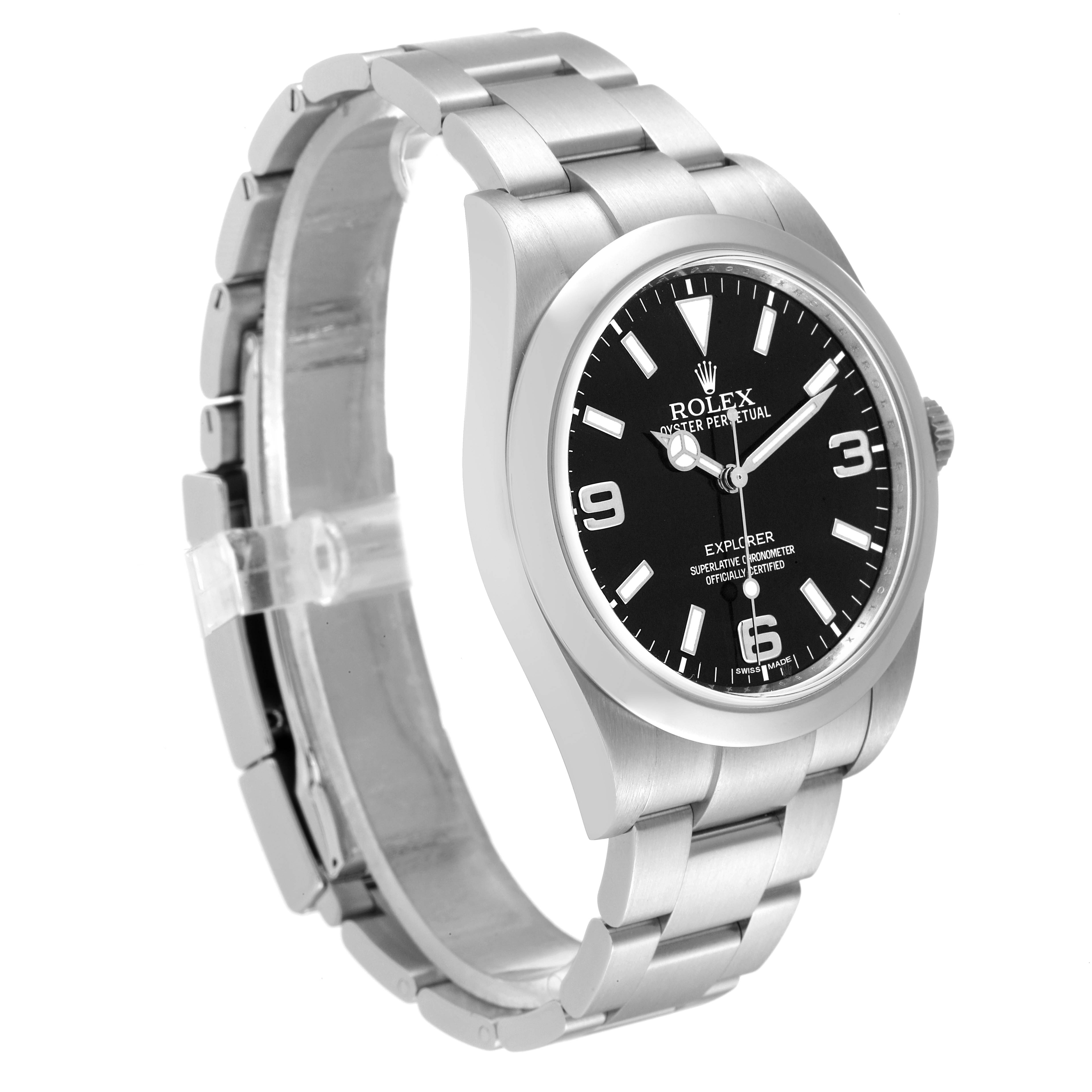 The Rolex Explorer 214270 Men
s Stainless Steel Black Dial 214270 Men
s Stainless Steel Black Dial watch is shown at an angled side view, displaying its face, bezel, crown, and bracelet.