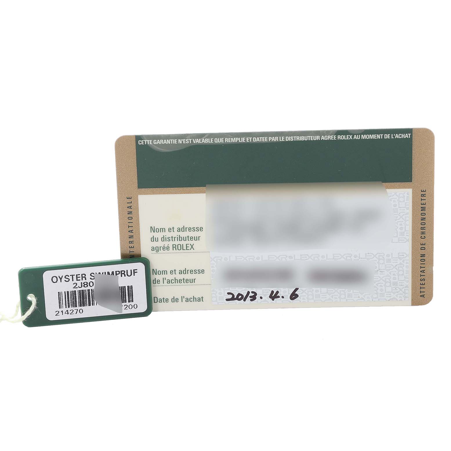 The image shows the warranty card and tag for a Rolex Explorer 214270 Men
s Stainless Steel Black Dial 214270 Men
s Stainless Steel Black Dial watch, with the tag displaying "OYSTER SWIMPRUF."