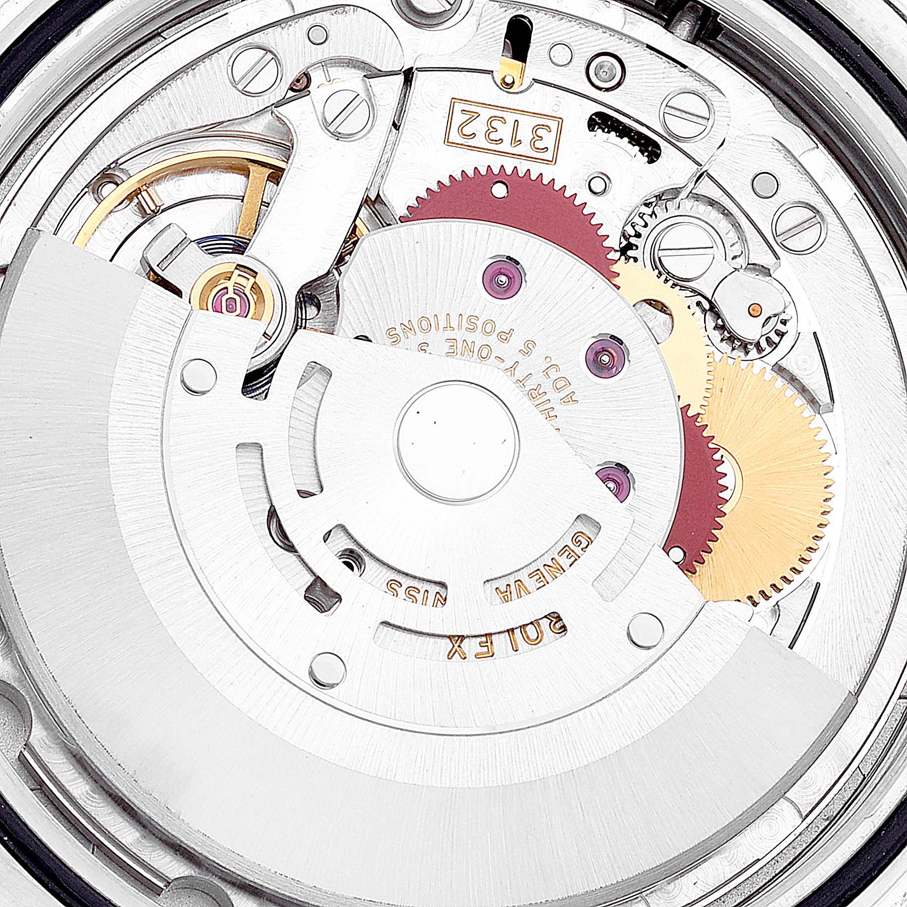 The image shows the intricate internal movement mechanism of a Rolex Explorer 214270 Men
s Stainless Steel Black Dial 214270 Men
s Stainless Steel Black Dial watch, viewed from the back.