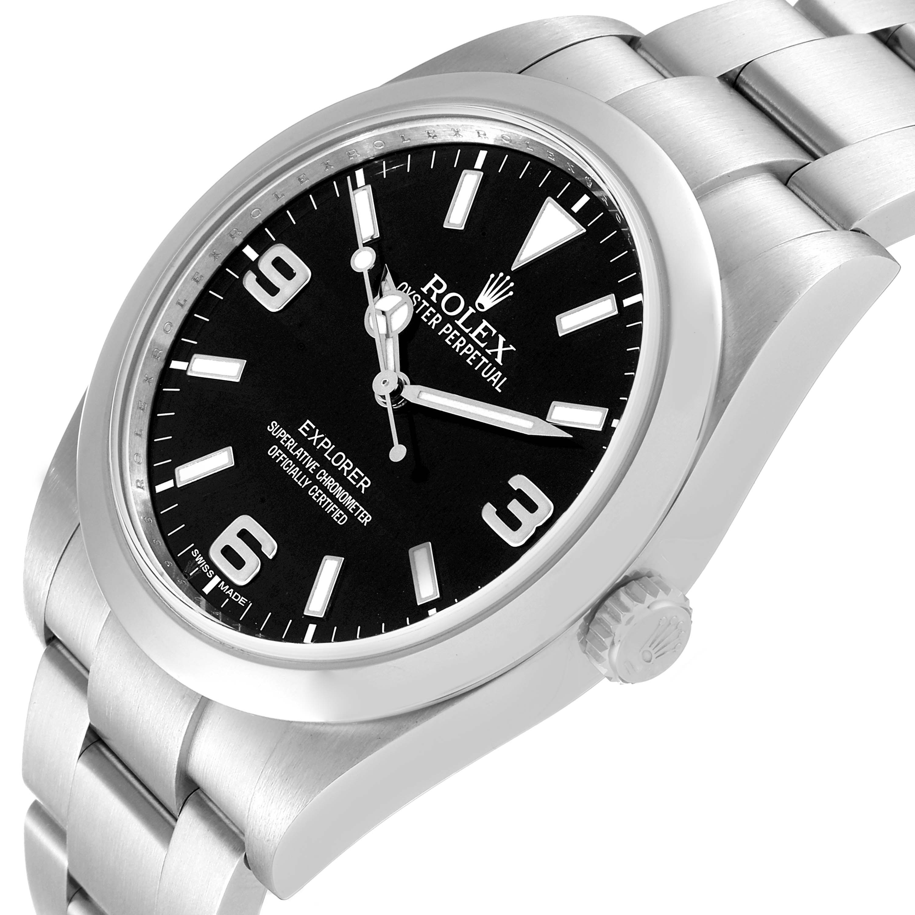 The image shows a Rolex Explorer 214270 Men
s Stainless Steel Black Dial 214270 Men
s Stainless Steel Black Dial watch at an angled close-up, highlighting the dial, bezel, crown, and part of the stainless steel bracelet.