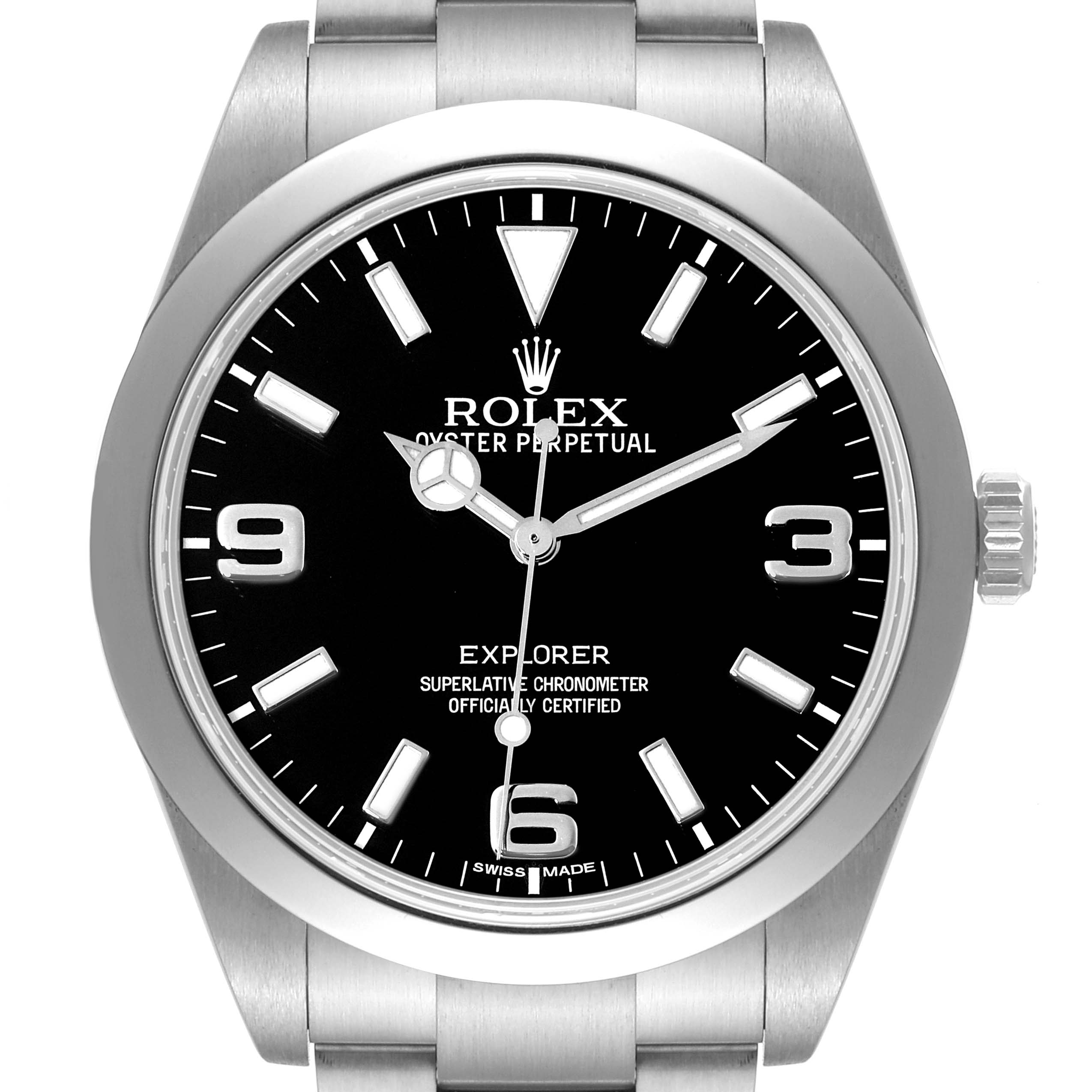 This image shows a front view of the Rolex Explorer 214270 Men
s Stainless Steel Black Dial 214270 Men
s Stainless Steel Black Dial watch, displaying the dial, hands, and part of the bracelet.