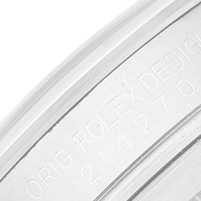 This image shows a close-up of the engraved details on the case back of a Rolex Explorer 214270 Men
s Stainless Steel Black Dial 214270 Men
s Stainless Steel Black Dial watch.