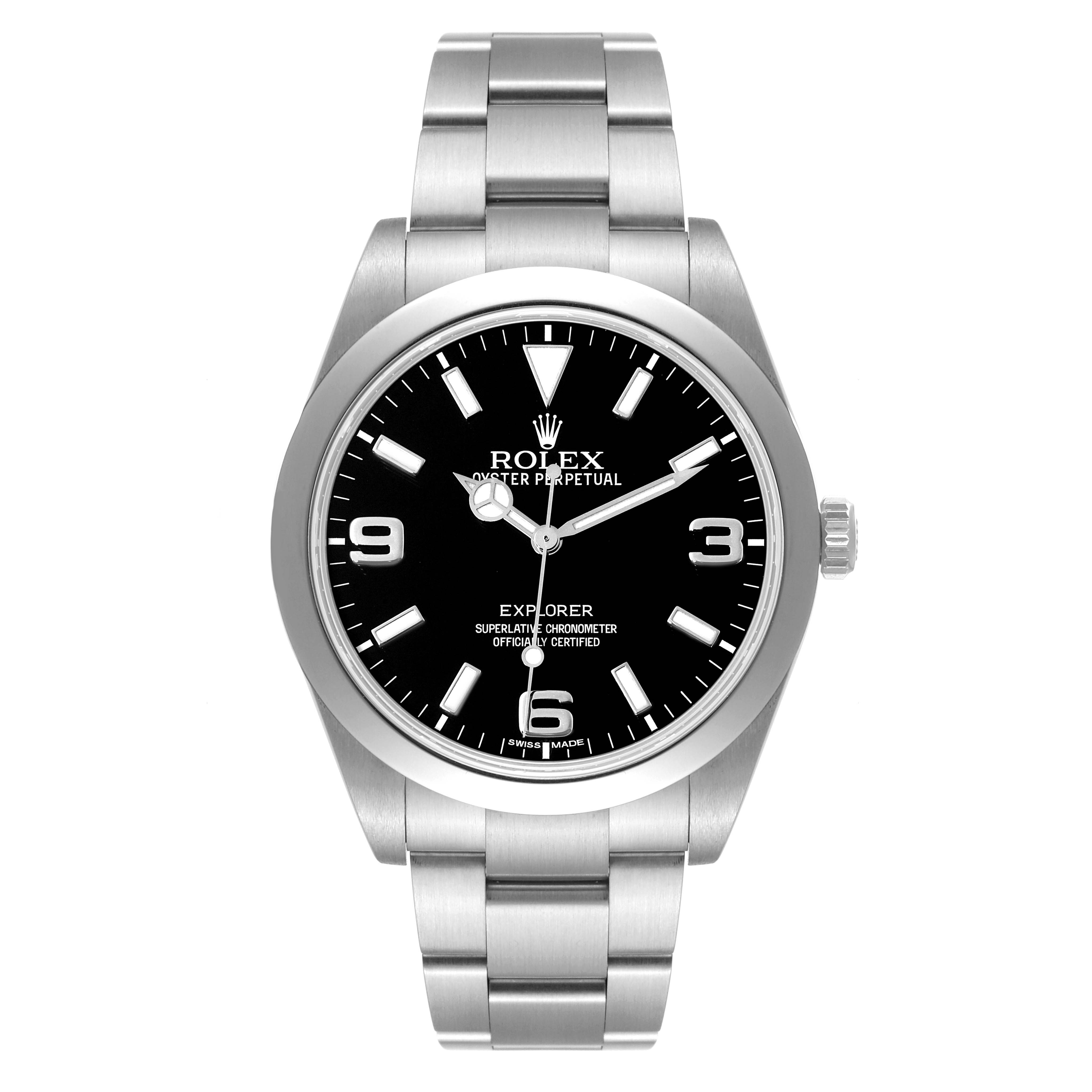 The image shows a front view of a Rolex Explorer 214270 Men
s Stainless Steel Black Dial 214270 Men
s Stainless Steel Black Dial watch, displaying the dial, case, and bracelet.