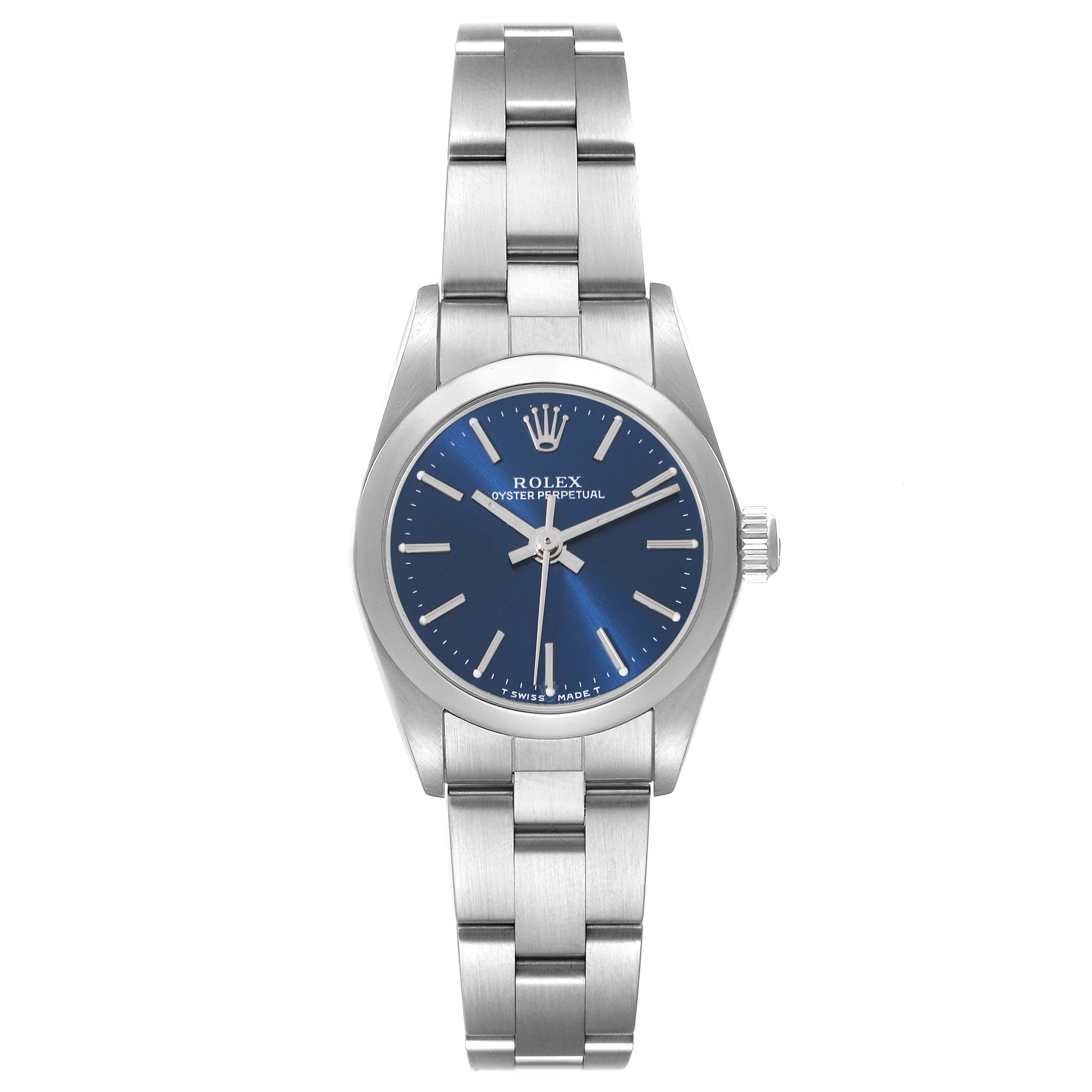 The image shows a front view of the Rolex Oyster Perpetual 76080 Women's Stainless Steel Blue Dial 76080 Women's Stainless Steel Blue Dial watch, highlighting the dial, hands, crown, and bracelet.